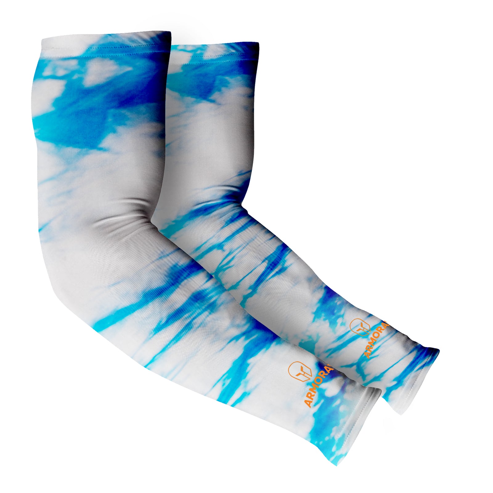 Armoray® Designer Arm Sleeves by ARMORAY Basics feature white fabric with blue tie-dye patterns and orange logos near the wrists, offering UPF 50+ sun protection. Choose from 35+ bold looks for stylish, reliable coverage.