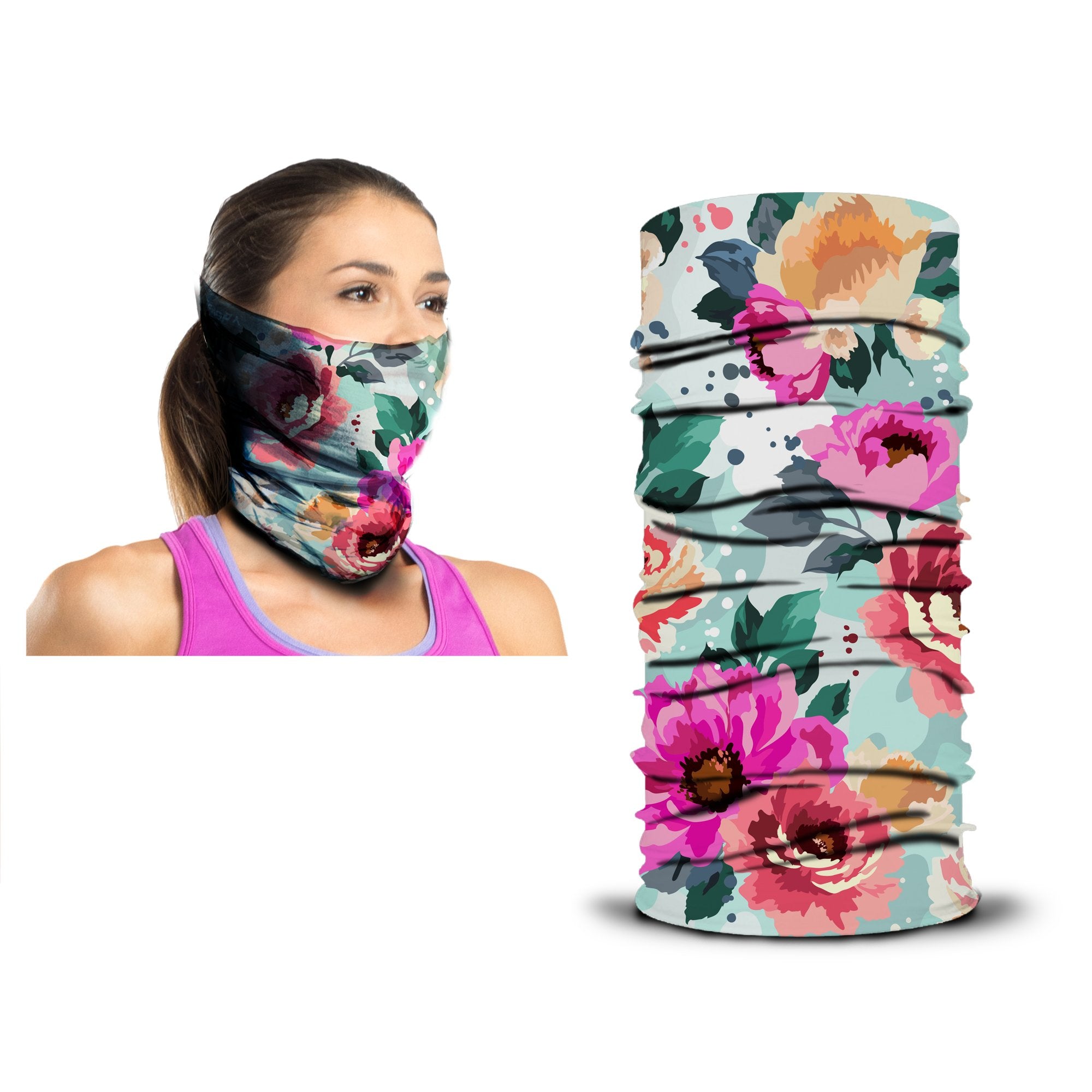 A woman wears an ARMORAY Armoray® Bandanas — Designed for the Outdoors neck gaiter featuring a floral pattern. Beside her, the same rugged bandana from ARMORAY is displayed upright in full view.