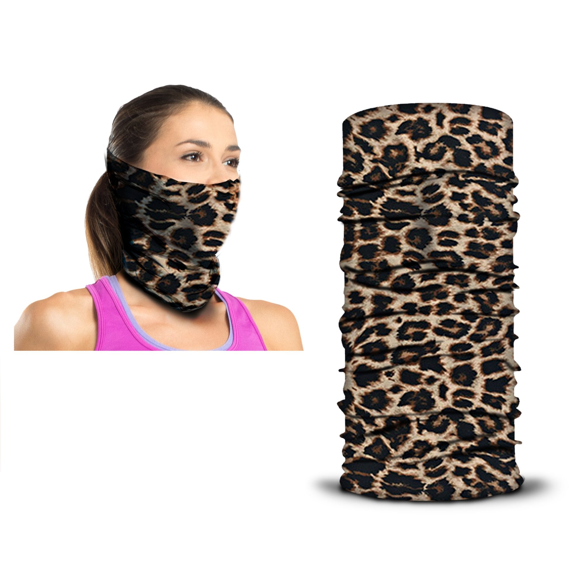 A woman wears an ARMORAY Armoray® Bandanas — Designed for the Outdoors in a leopard print neck gaiter style, covering her nose and mouth; beside her is a close-up image showcasing the same durable bandana’s bold leopard print pattern.