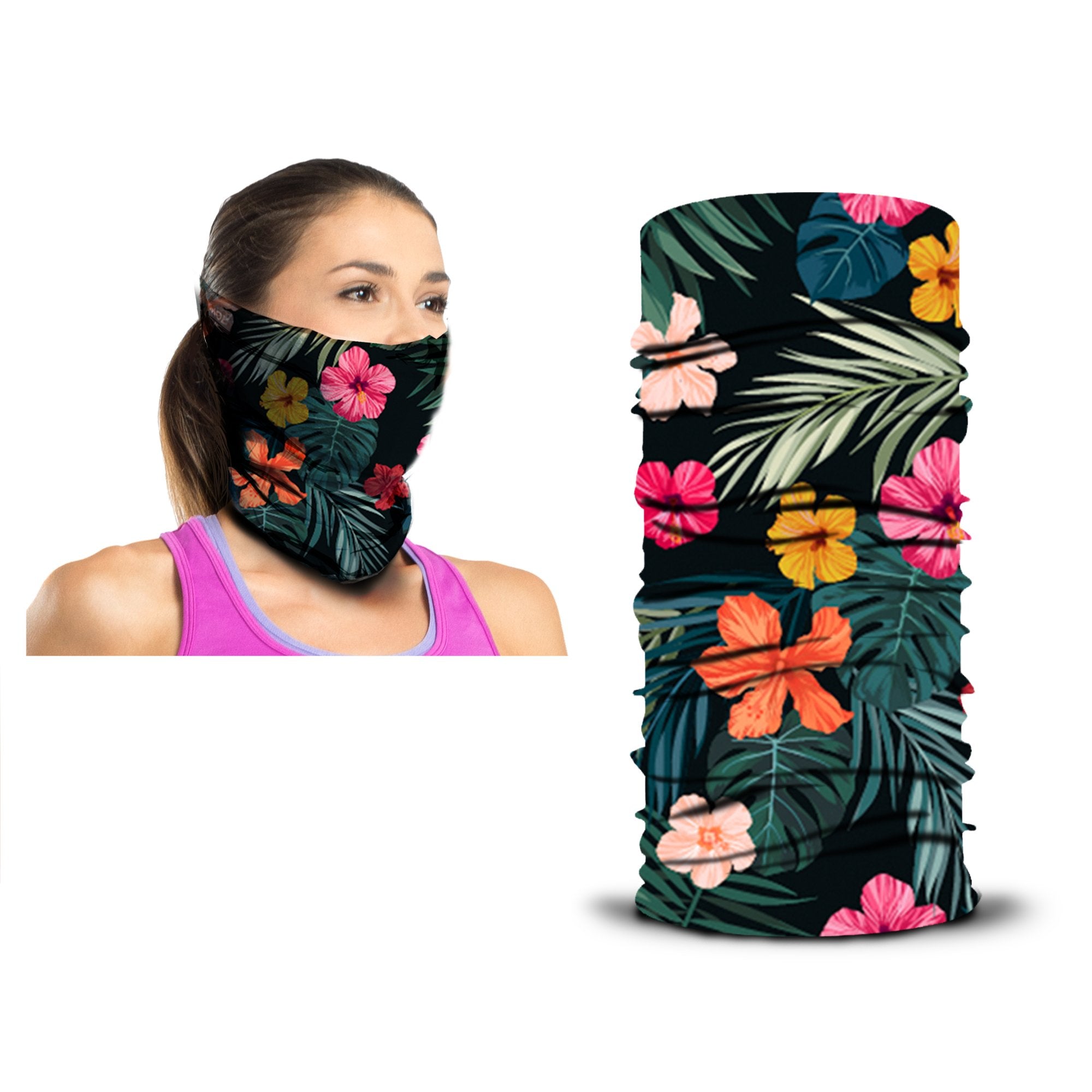 A woman wears an Armoray® Bandana—Designed for the Outdoors, featuring a bold tropical floral and leaf pattern on a black background; beside her, the same bandana is displayed unfolded to showcase its design. This versatile accessory from ARMORAY combines sweat resistance with rugged style and durability, making it an everyday essential you can rely on.