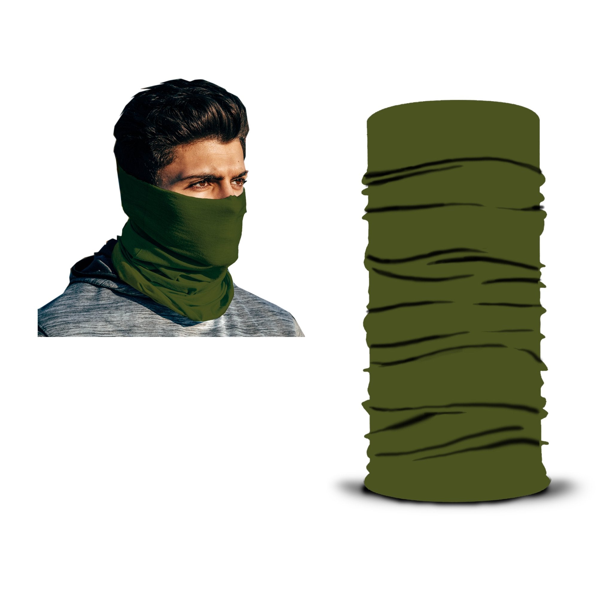 An individual wears an olive green ARMORAY Armoray® Bandana — Designed for the Outdoors — covering his neck and lower face; beside him, the same rugged bandana from ARMORAY is displayed upright against a white background.