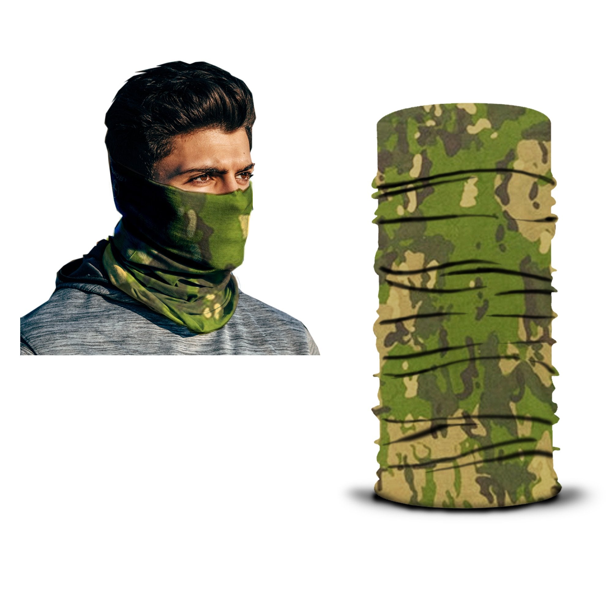 A person wears an ARMORAY Armoray® Bandanas — Designed for the Outdoors in green camouflage, covering their neck and lower face; known for its rugged and sweat-resistant design. The same bandana is displayed separately on the right.