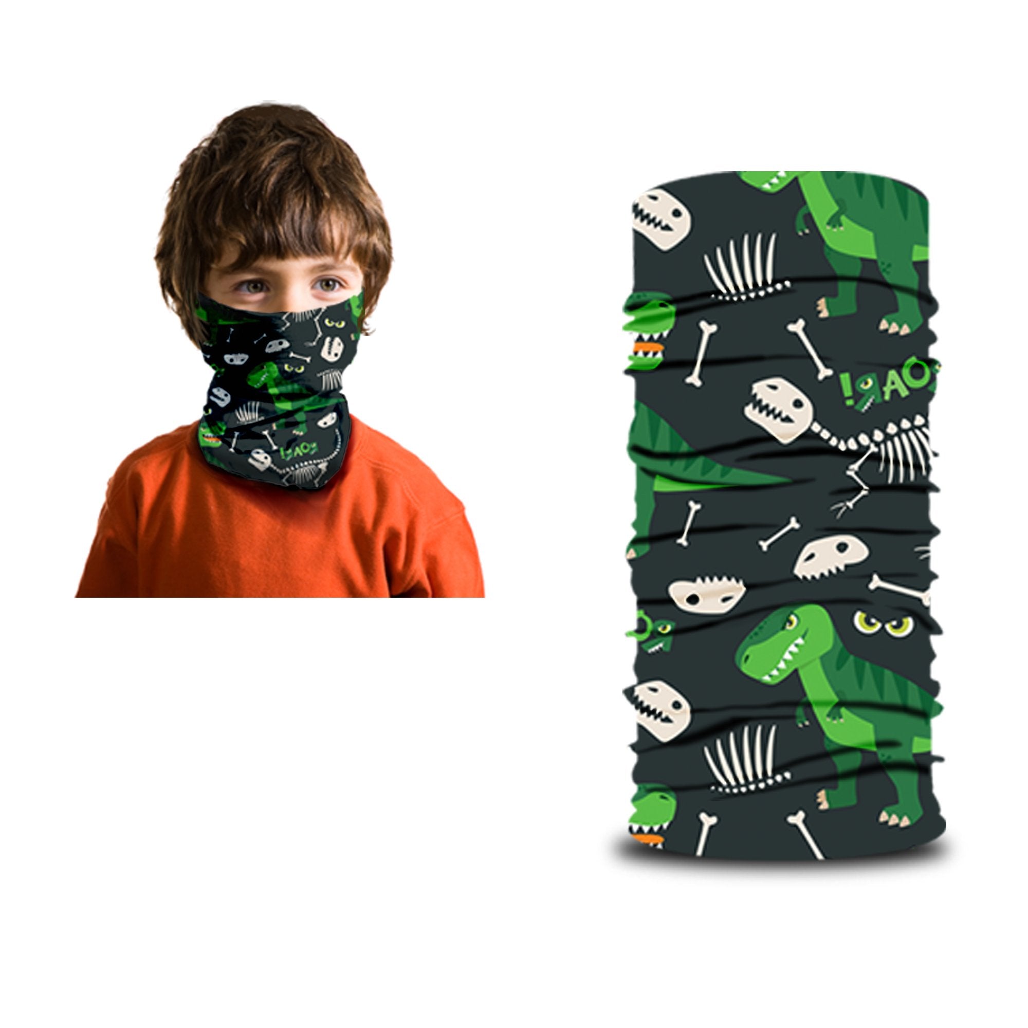 An outdoor-ready Armoray® Bandana from ARMORAY, featuring bold green dinosaur and bone patterns on black, is worn as a neck gaiter by a child; the same durable bandana is also shown laid flat to reveal its complete design.