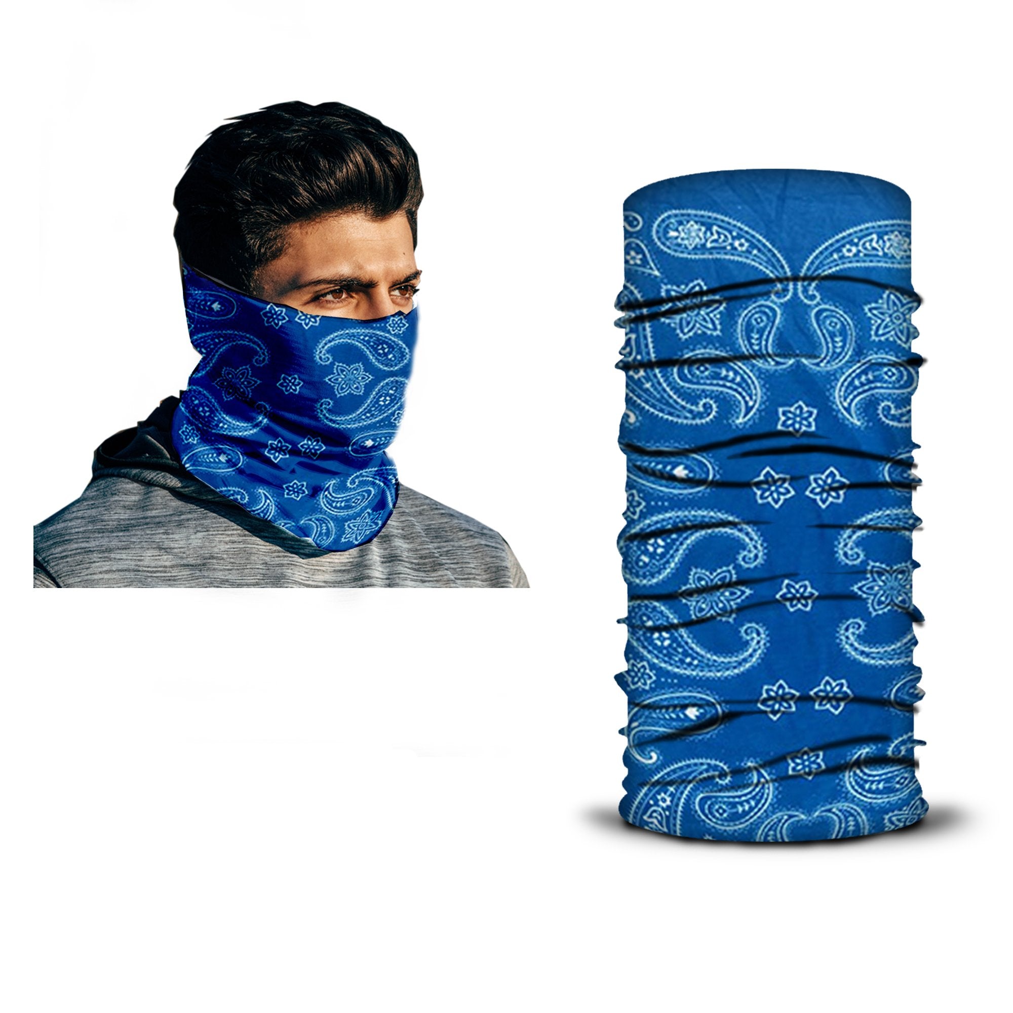 A man wears an Armoray® Bandana by ARMORAY, designed for the outdoors, featuring a blue paisley pattern that covers his nose and mouth. Beside him, the same rugged, sweat-resistant bandana is displayed flat and unworn.