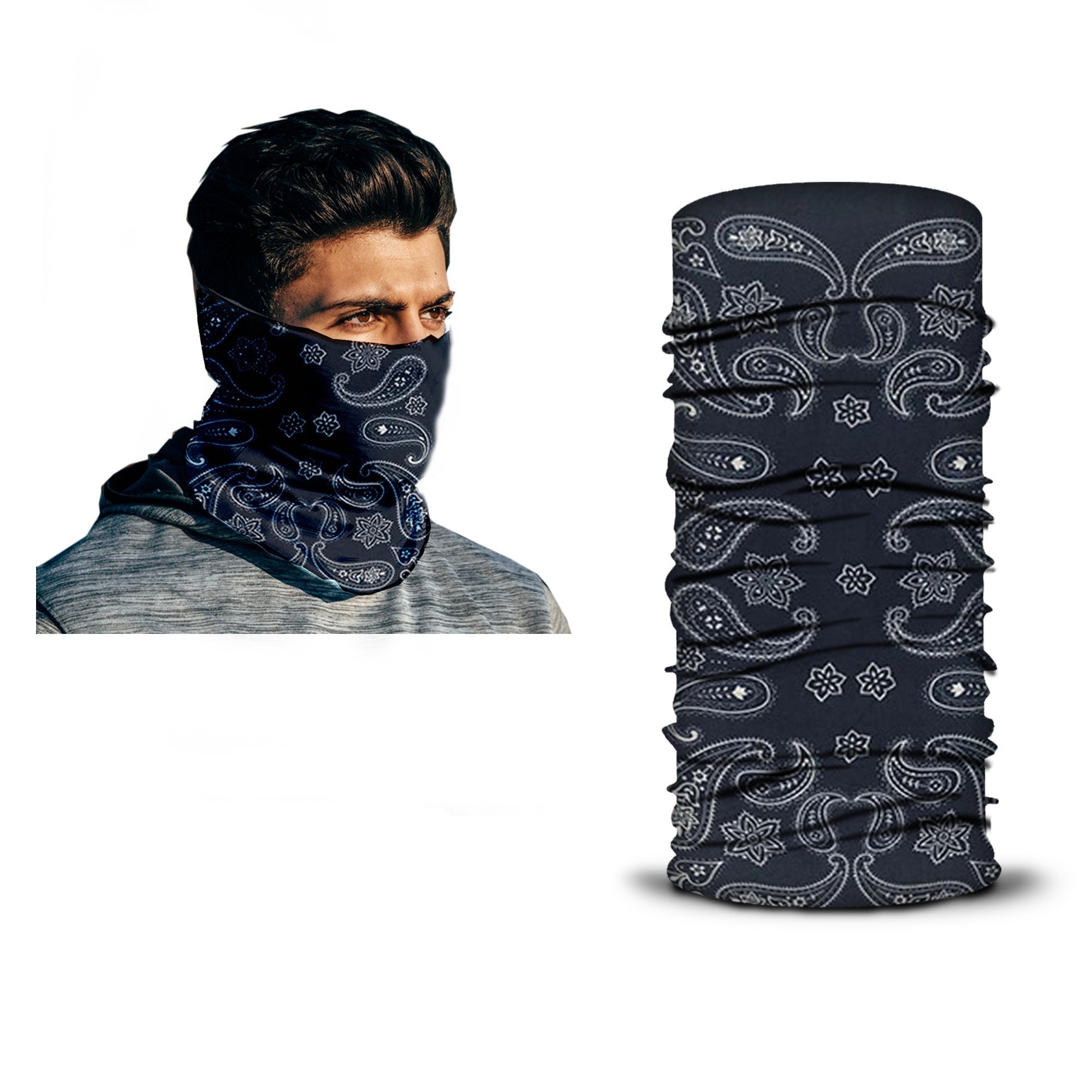 A man wears an ARMORAY Armoray® Bandana — Designed for the Outdoors in a black paisley pattern; beside him, a close-up showcases the same rugged, sweat-resistant bandana standing upright to reveal its complete design.
