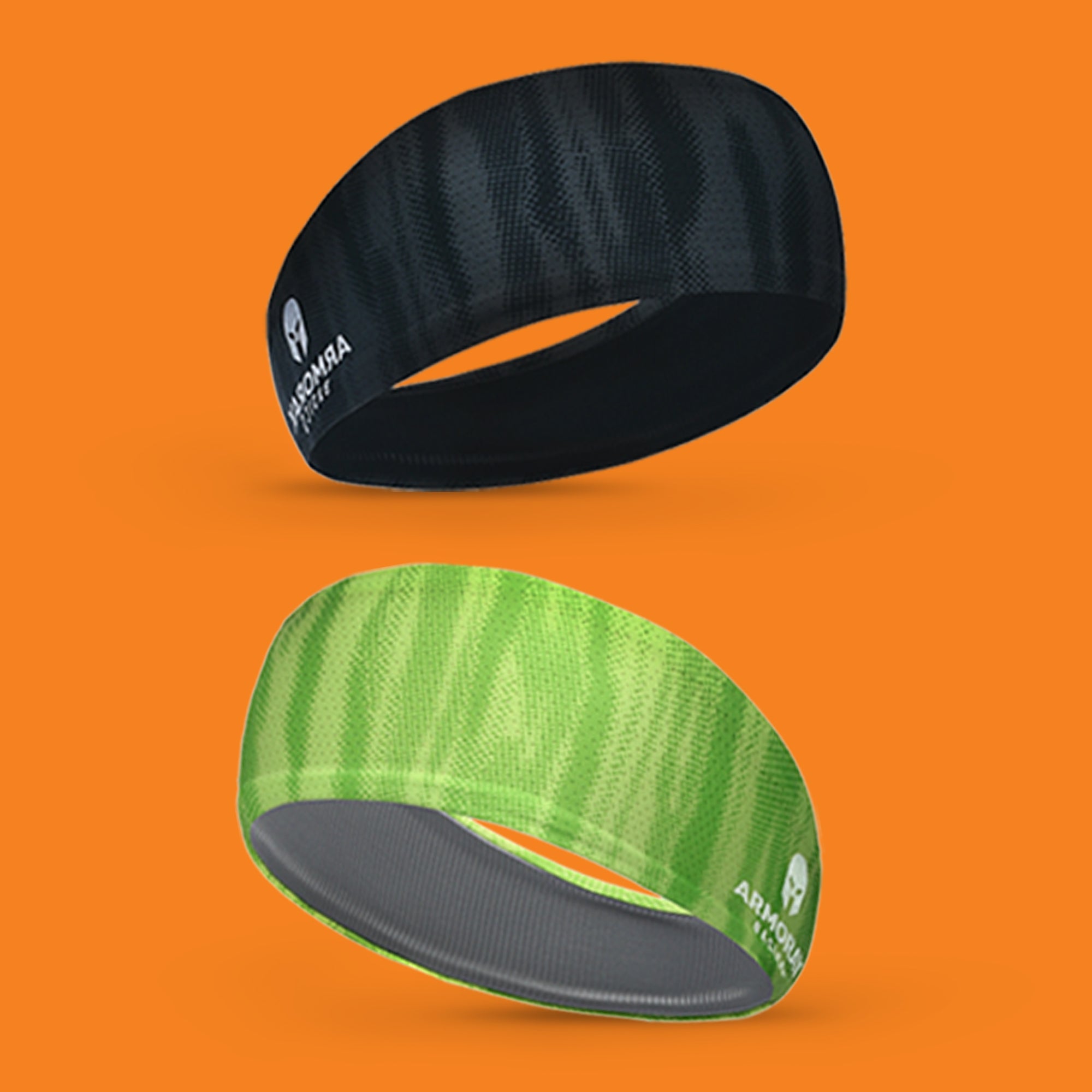 Two Armoray® AIR-FLEX Headbands by ARMORAY Basics, one black and one green with a subtle pattern, are shown on an orange background. Each workout headband features a small white logo and text near the edge.