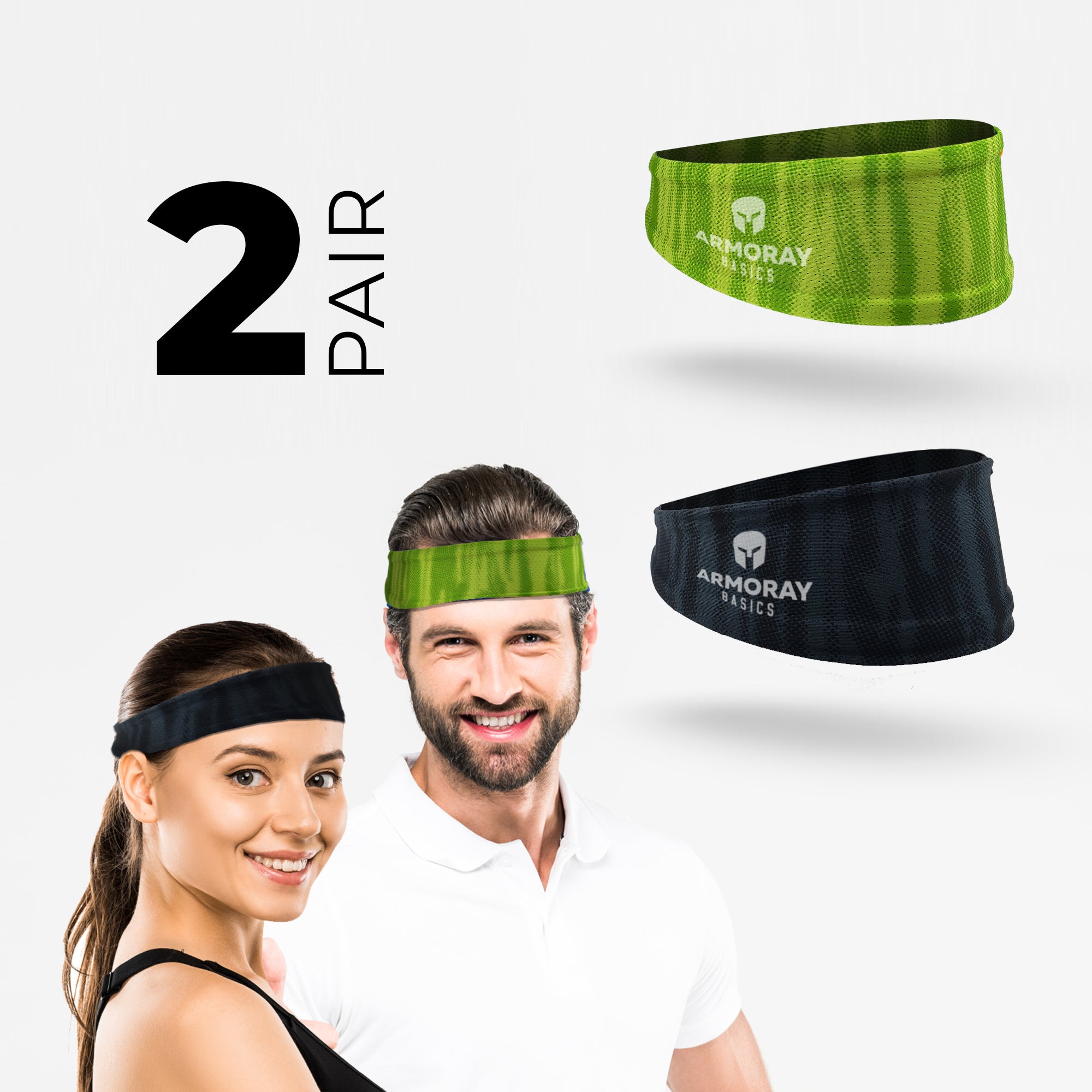 Two people wear ARMORAY Basics Armoray® AIR-FLEX Headbands—one black, one green. Close-ups show the sweat-absorbing bands with "2 Pair" text beside them. Built for sweat, motion, and performance.