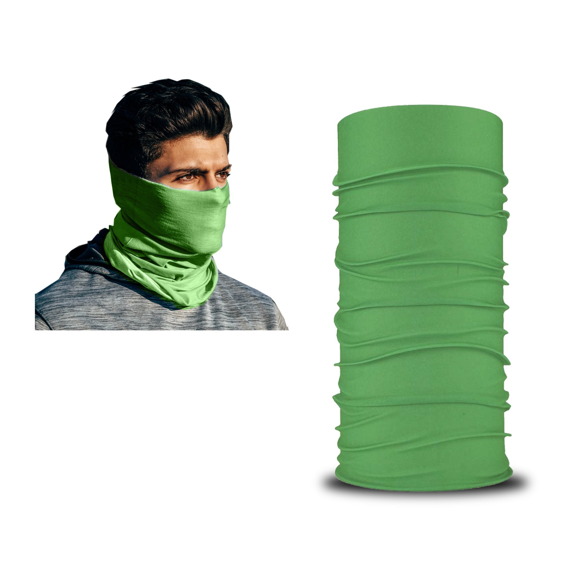 A man wears an ARMORAY green neck gaiter from the Armoray® Bandanas — Designed for the Outdoors collection, covering his neck and lower face; beside him, the same bandana stands upright on its own, showcasing the rugged, sweat-resistant design by ARMORAY.