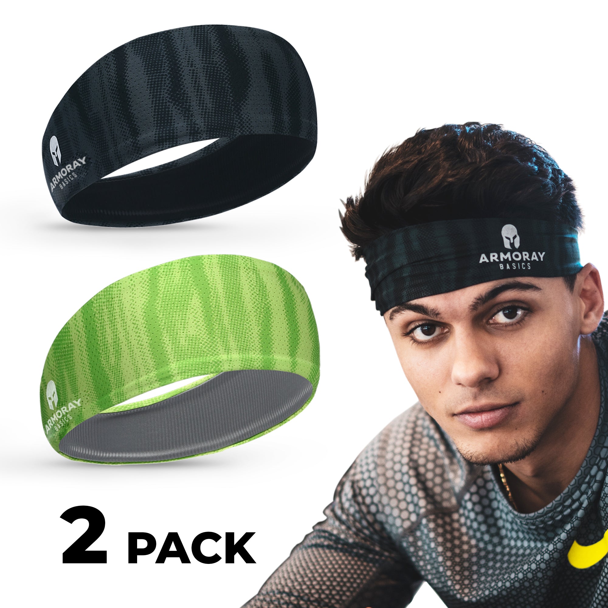 Two ARMORAY Basics Armoray® AIR-FLEX Headbands in black and green shown above a man wearing the black, no-slip headband. Text: “2 Pack.” Built for sweat, motion & performance.
