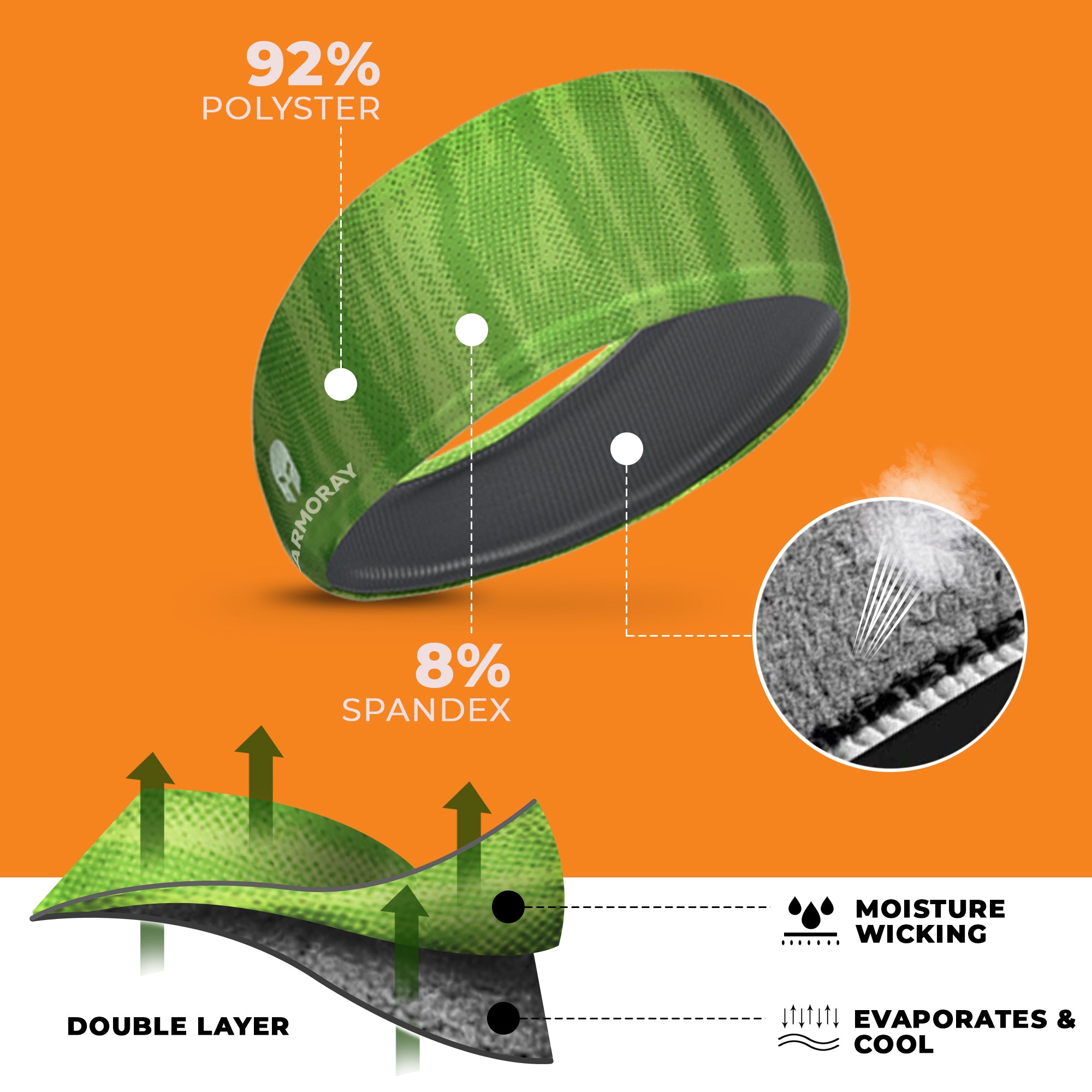 The Armoray® AIR-FLEX Headband by ARMORAY Basics, shown on an orange background, is made of 92% polyester and 8% spandex with a double-layer design for no-slip comfort, moisture wicking, and cooling through evaporation.