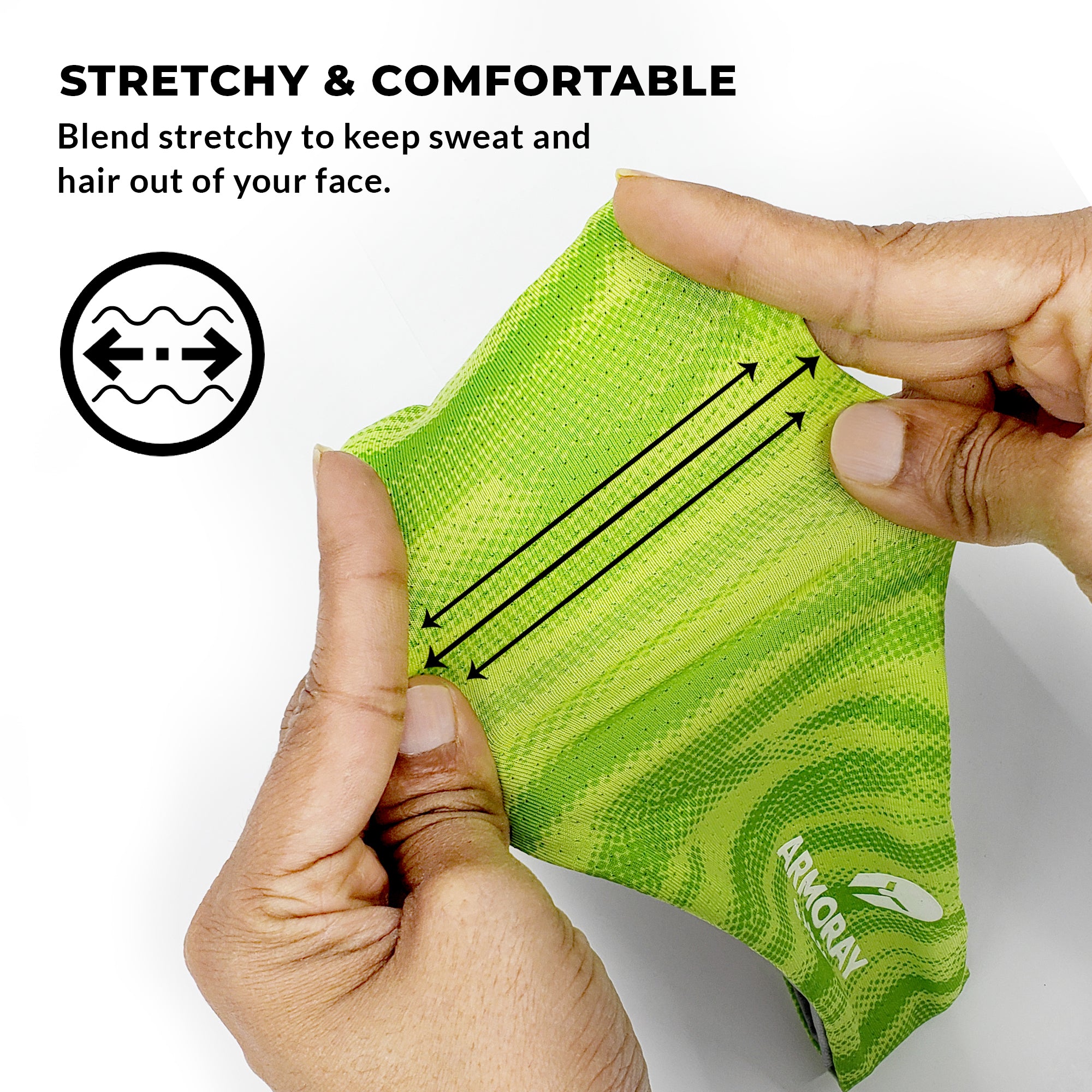 Two hands stretch a green Armoray® AIR-FLEX Headband by ARMORAY Basics, showing its flexibility and comfort—making it the ideal no-slip choice to keep sweat and hair out of your face during any workout.