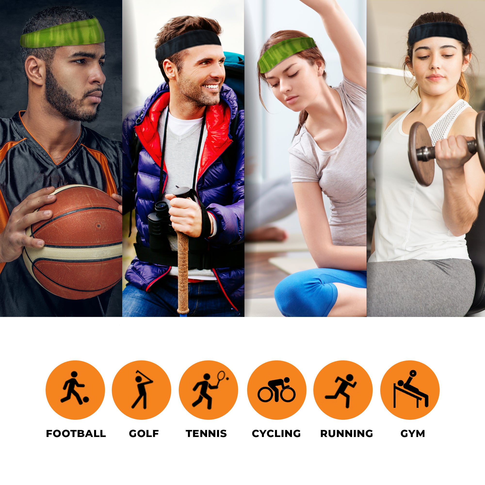 Four people, each in an Armoray® AIR-FLEX Headband from ARMORAY Basics, play basketball, golf, stretch, and lift weights. For clarity, six sport icons—football, golf, tennis, cycling, running, gym—are also labeled.