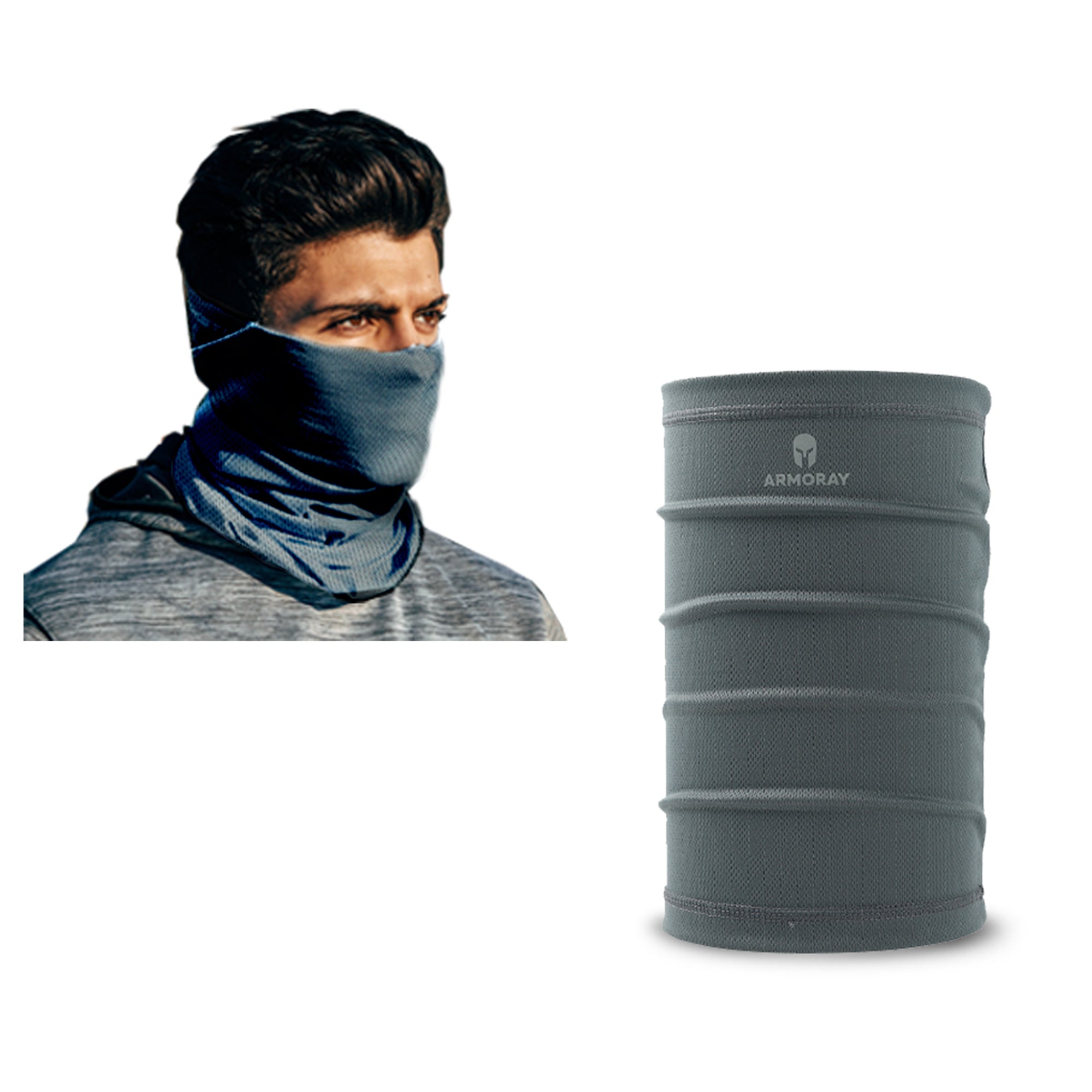A man wears the gray ARMORAY Basics PERFORMANCE TEK BANDANA covering his neck and lower face; beside him is a close-up of the same bandana shown upright.