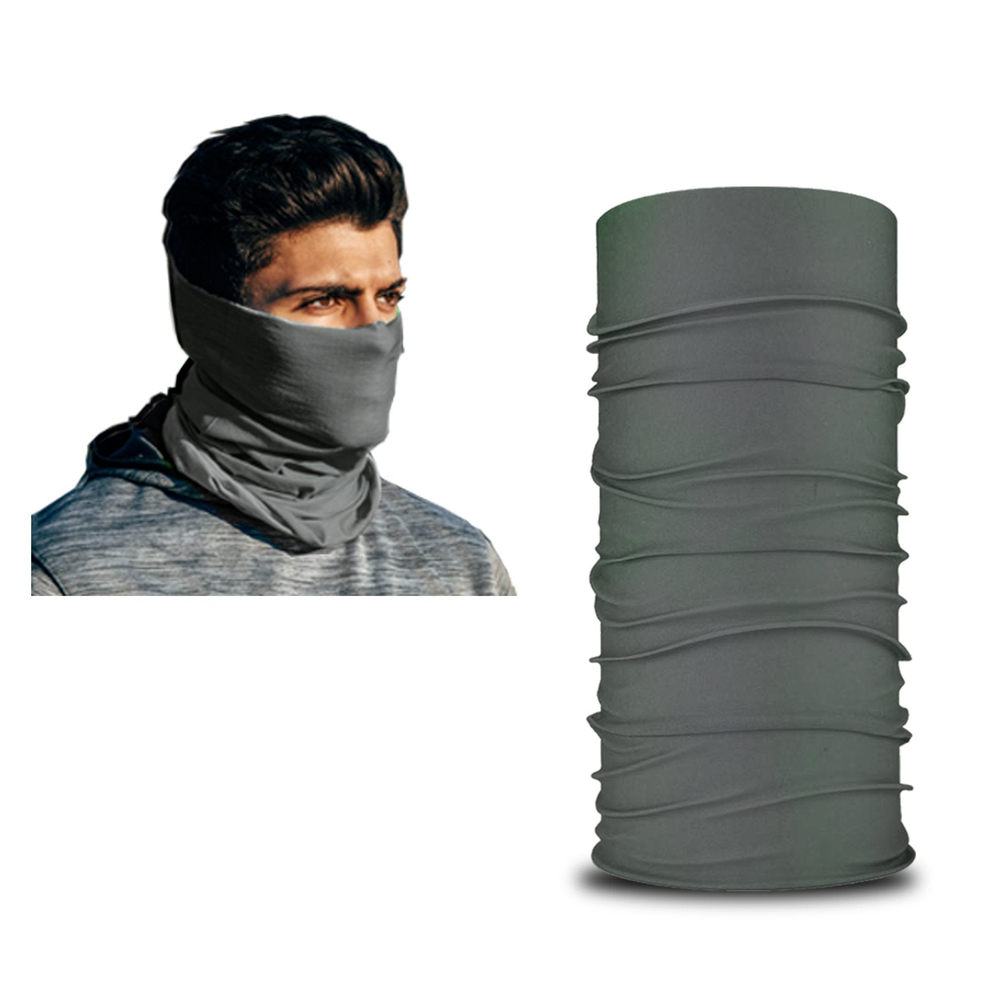 A man wears an ARMORAY Armoray® Bandanas — Designed for the Outdoors in gray, covering his nose and mouth. Beside him is a close-up of the same rugged bandana shown upright and unworn.