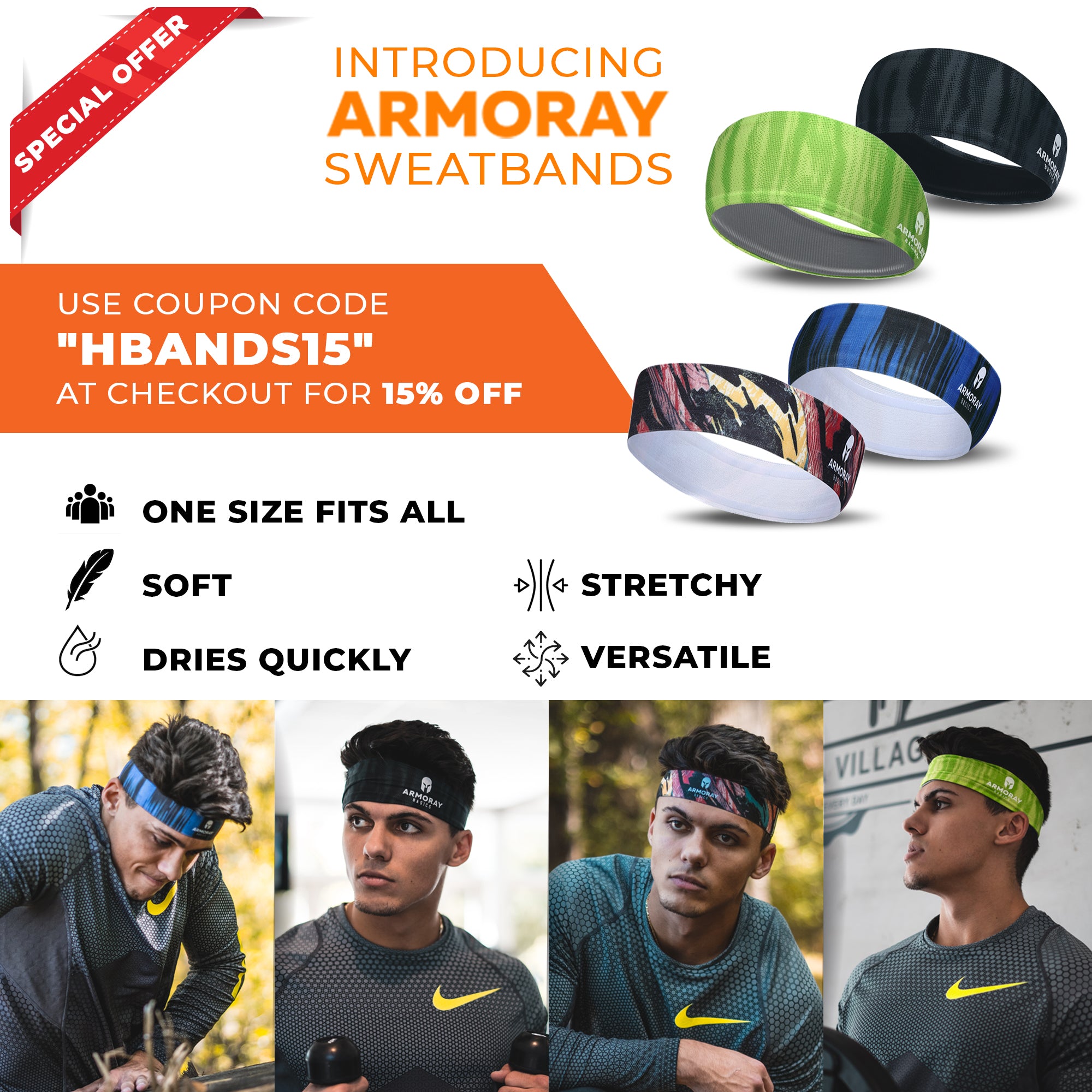 Promotional image for Armoray® AIR-FLEX Headband by ARMORAY Basics, with vivid sweat-absorbing, no-slip headbands. Includes 15% off code, key features, and photos of men wearing them outdoors. Built for sweat, motion & performance.