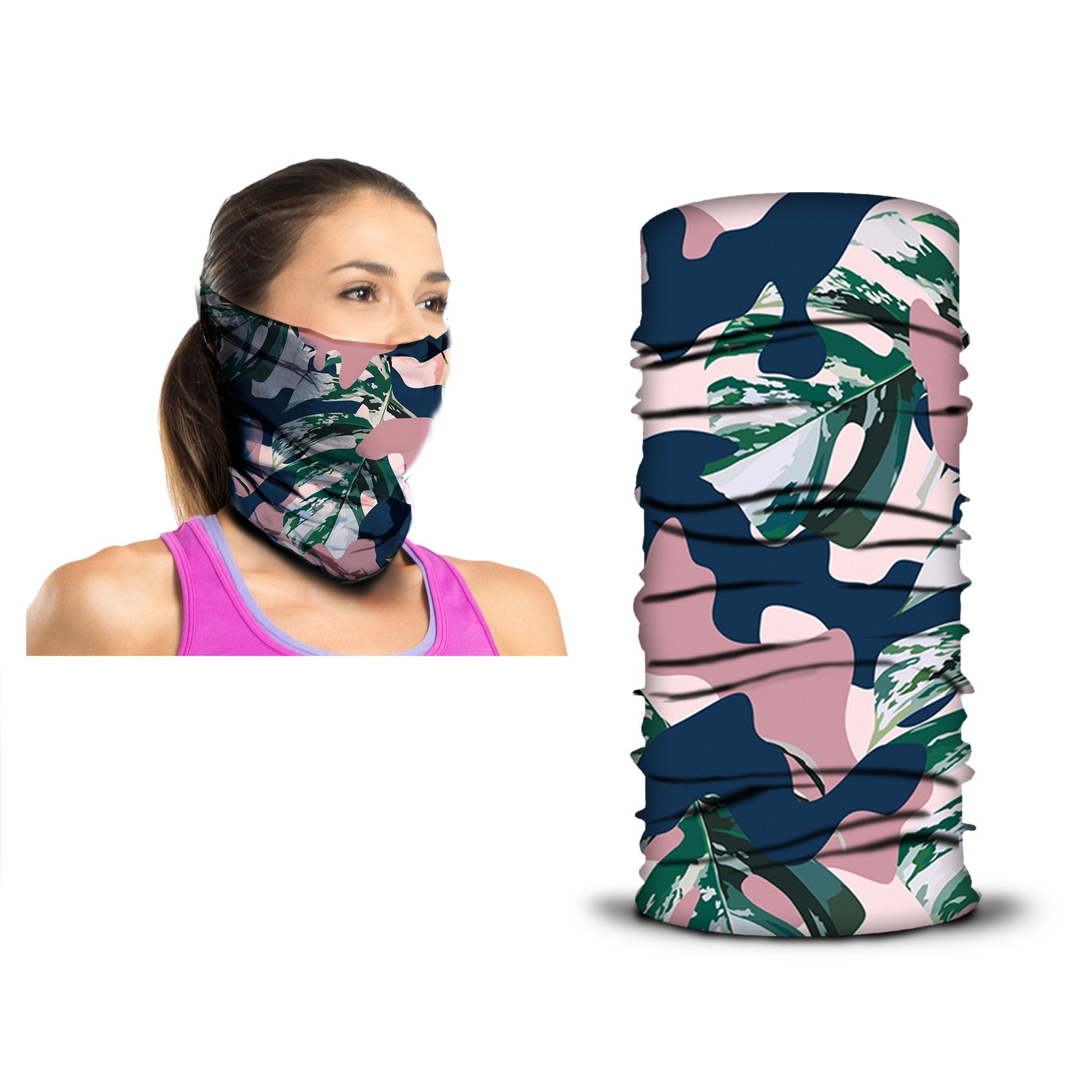 A woman wears an ARMORAY Armoray® Bandana, designed for the outdoors, featuring a pink, green, and blue pattern. The same rugged, sweat-resistant bandana is shown separately on the right.