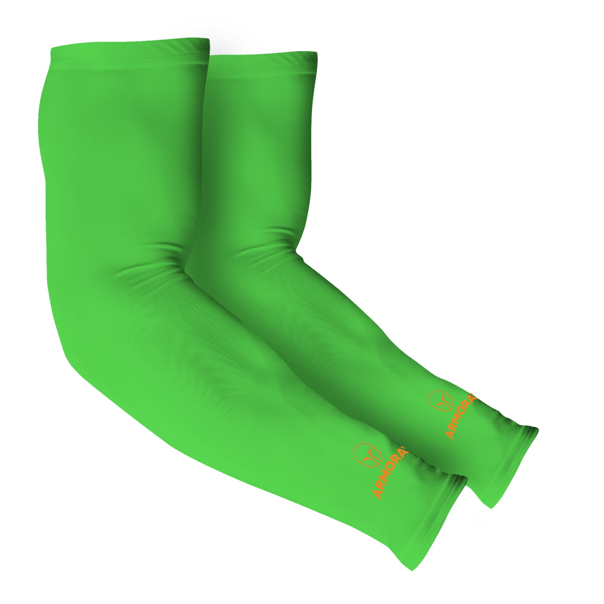 A pair of bright green Armoray® Arm Sleeves from ARMORAY Basics, featuring red "ARMORAY" logos near the wrist, designed for cooling comfort and sun protection.