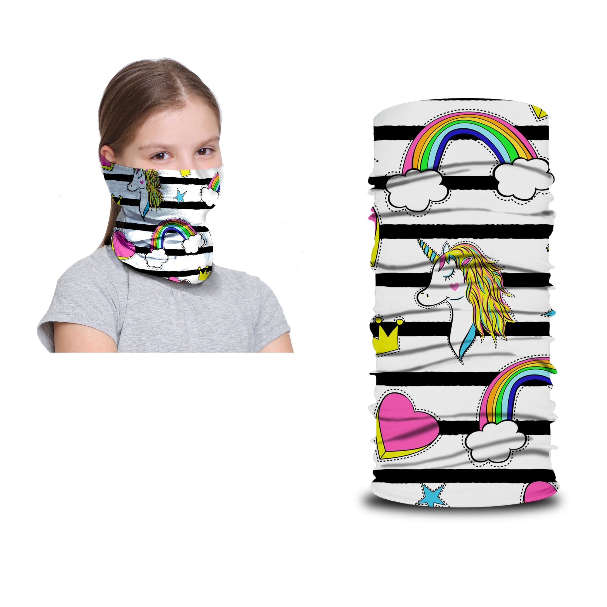 A girl wears an ARMORAY Armoray® Bandana — Designed for the Outdoors, featuring a vibrant pattern of unicorns, rainbows, hearts, and crowns. The durable bandana is also displayed flat to showcase its full colorful design.