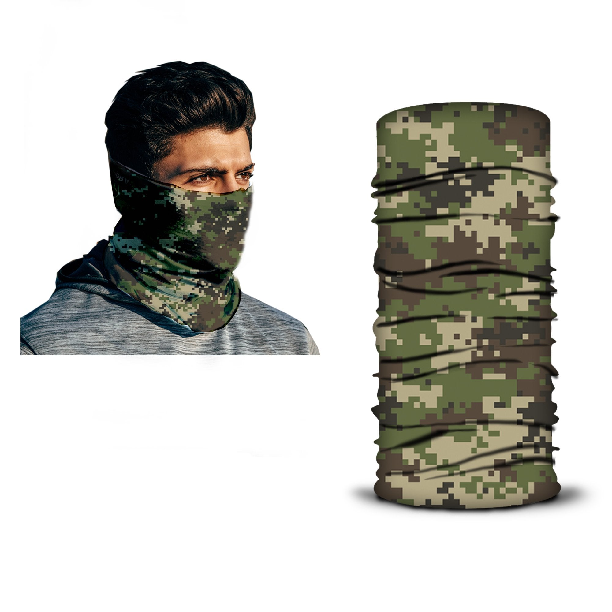 A man is wearing an ARMORAY green and brown digital camouflage neck gaiter from Armoray® Bandanas — Designed for the Outdoors; this durable bandana combines style and function, with a matching sweat-resistant bandana displayed upright beside him against a white background.