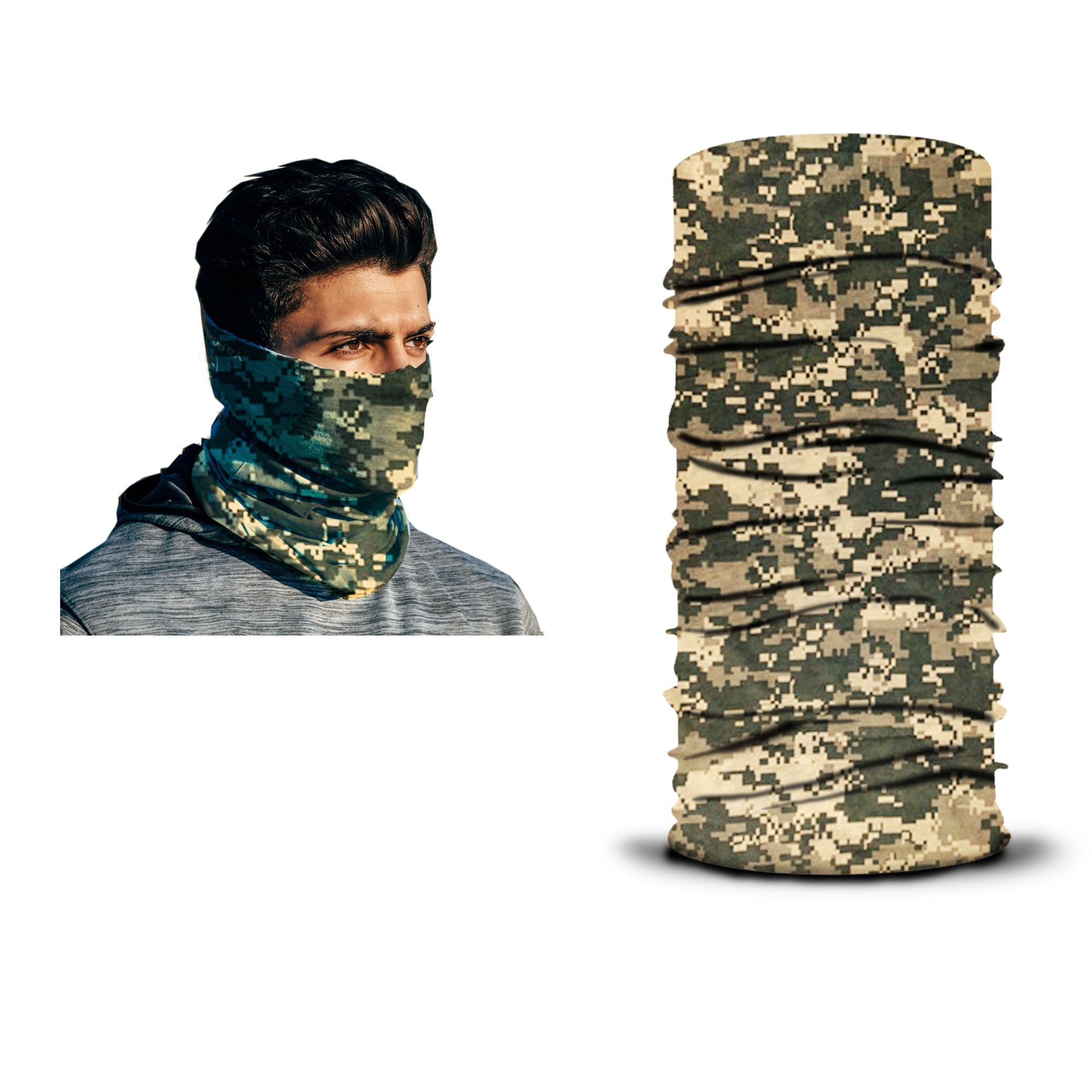 A man wears an ARMORAY Armoray® Bandanas — Designed for the Outdoors digital camouflage neck gaiter; beside him, a separate image displays the rugged bandana, showcasing its complete pattern and shape.