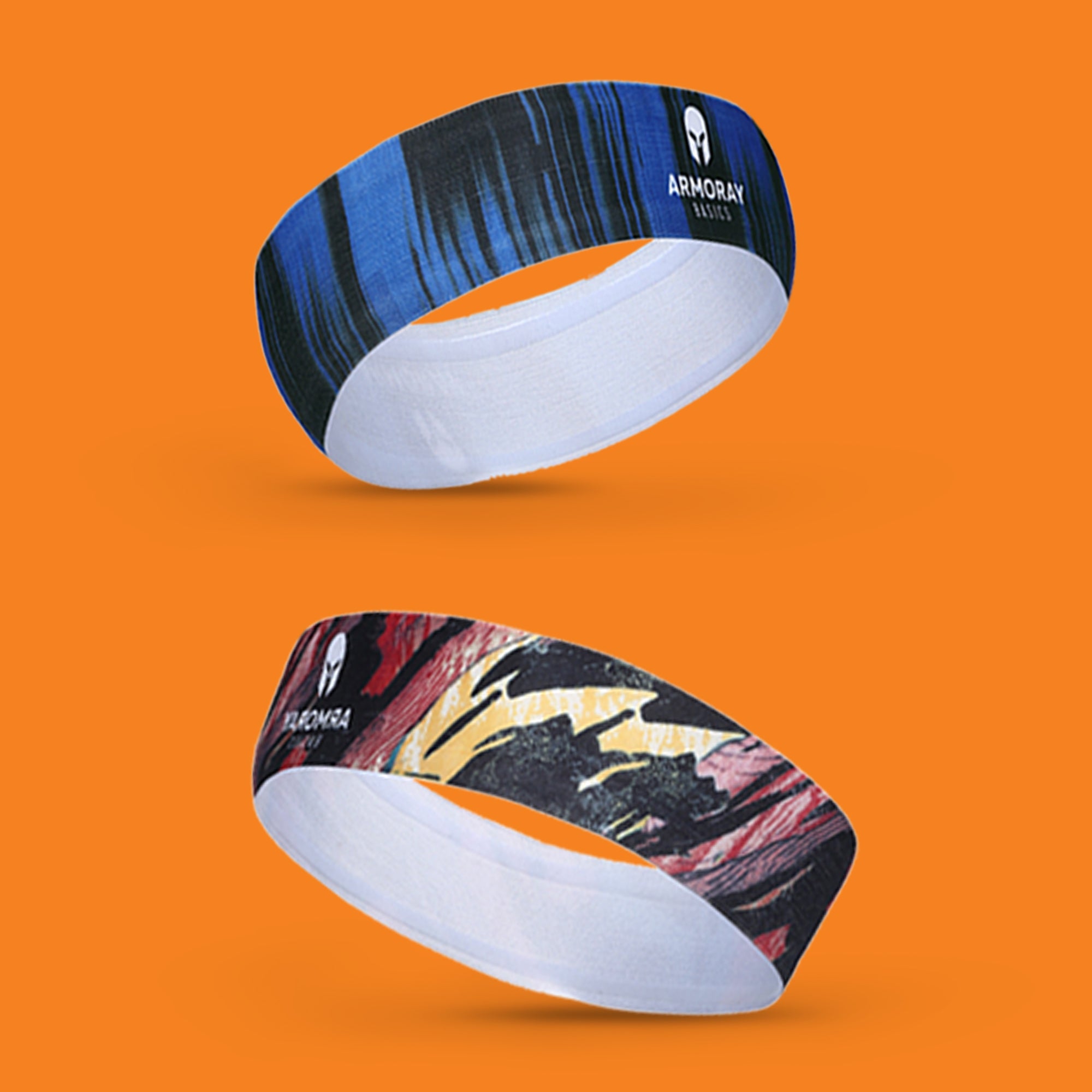 Two vibrant Armoray® GripLock Headbands from ARMORAY Basics, featuring abstract designs and logos, are shown on an orange background. These non-slip headbands are built to move and designed to stay secure for any activity.