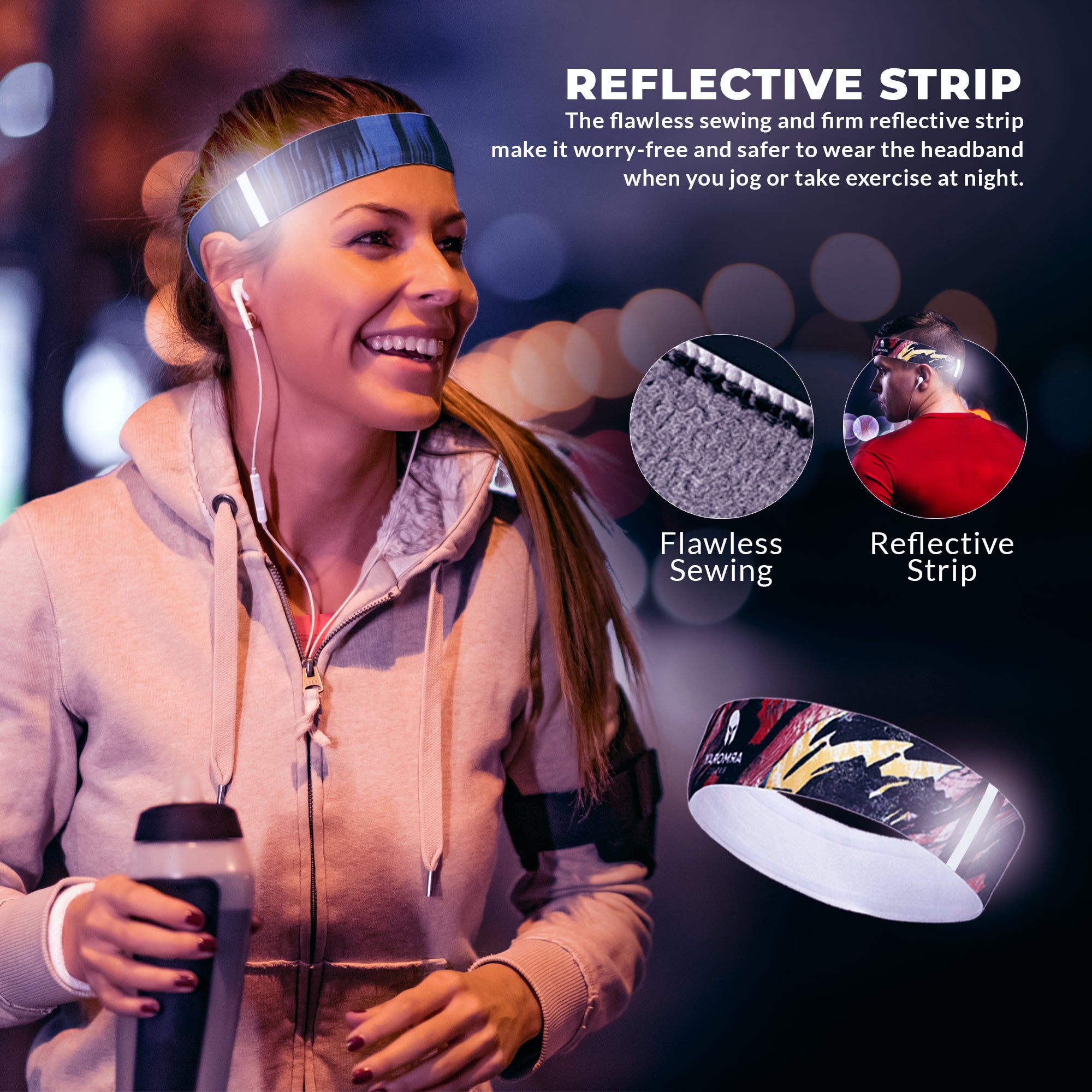 A woman jogs at night wearing the Armoray® GripLock Headband by ARMORAY Basics, featuring a sweat-wicking, sewn design, non-slip fit, and reflective strip for added safety in low light.