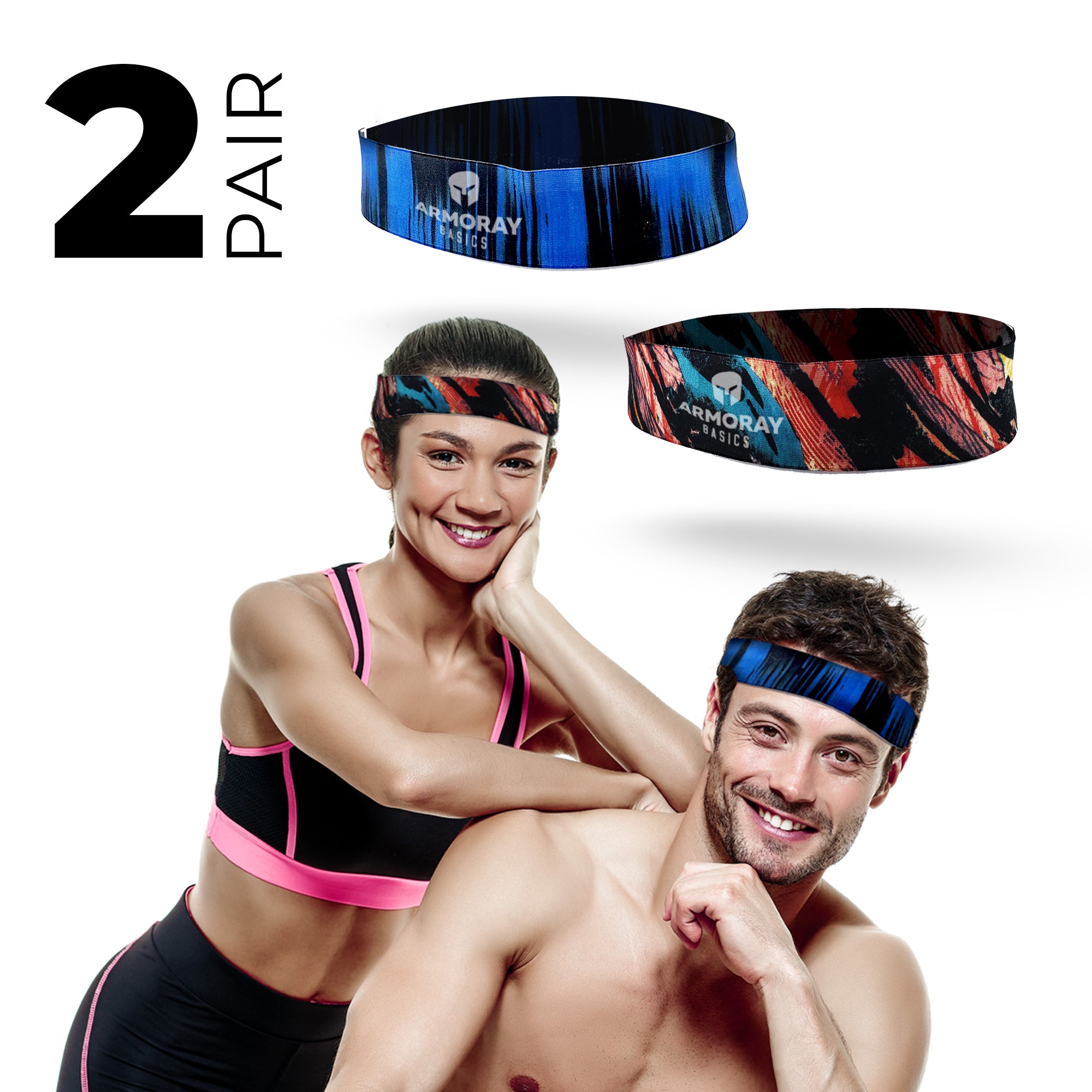 Two athletic models wear vibrant, non-slip Armoray® GripLock Headbands by ARMORAY Basics, with two extra sweat-wicking headbands displayed above them. Text: “2 Pair.”.