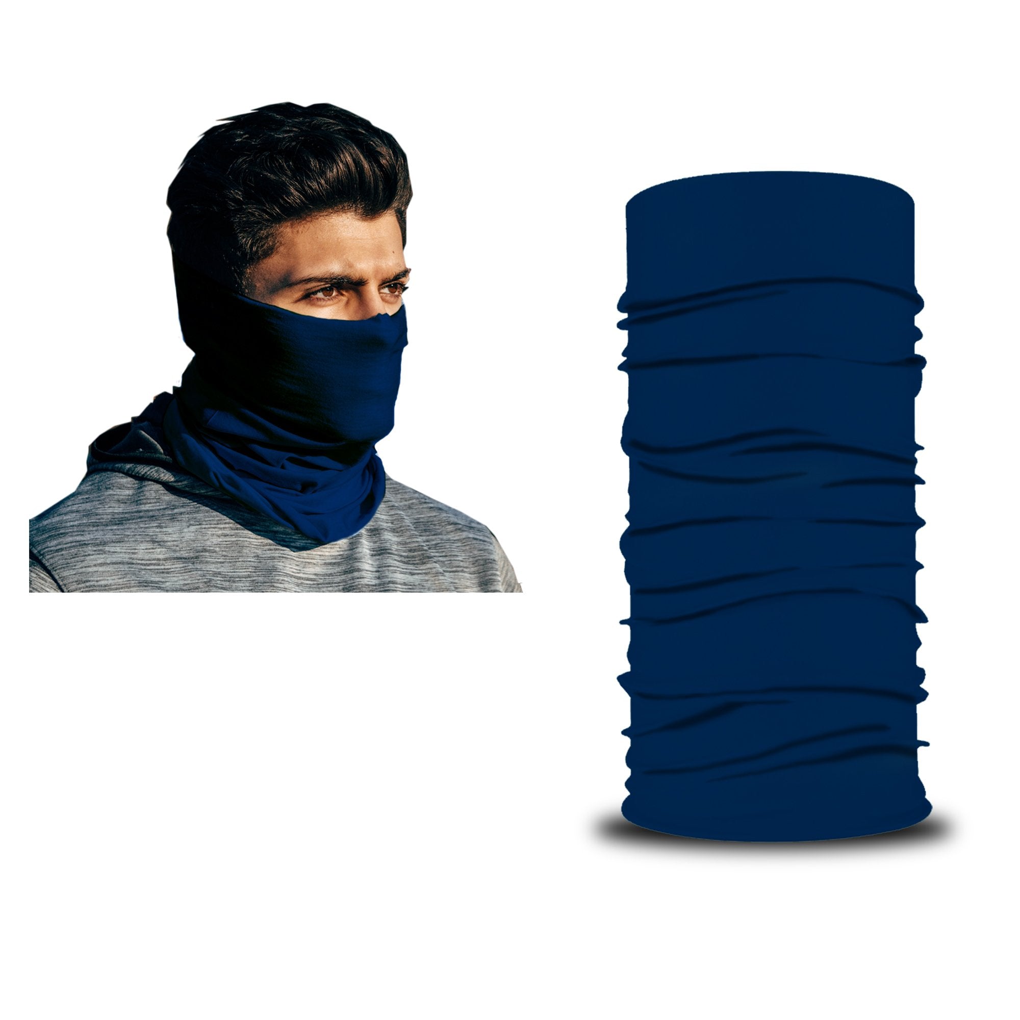 Wearing an Armoray® Bandanas gaiter in navy blue—crafted by ARMORAY to combine the rugged durability of outdoor bandanas with sweat-resistant comfort—a person covers their lower face and neck; beside them is a separate view displaying the same Armoray® Bandanas — Designed for the Outdoors gaiter.