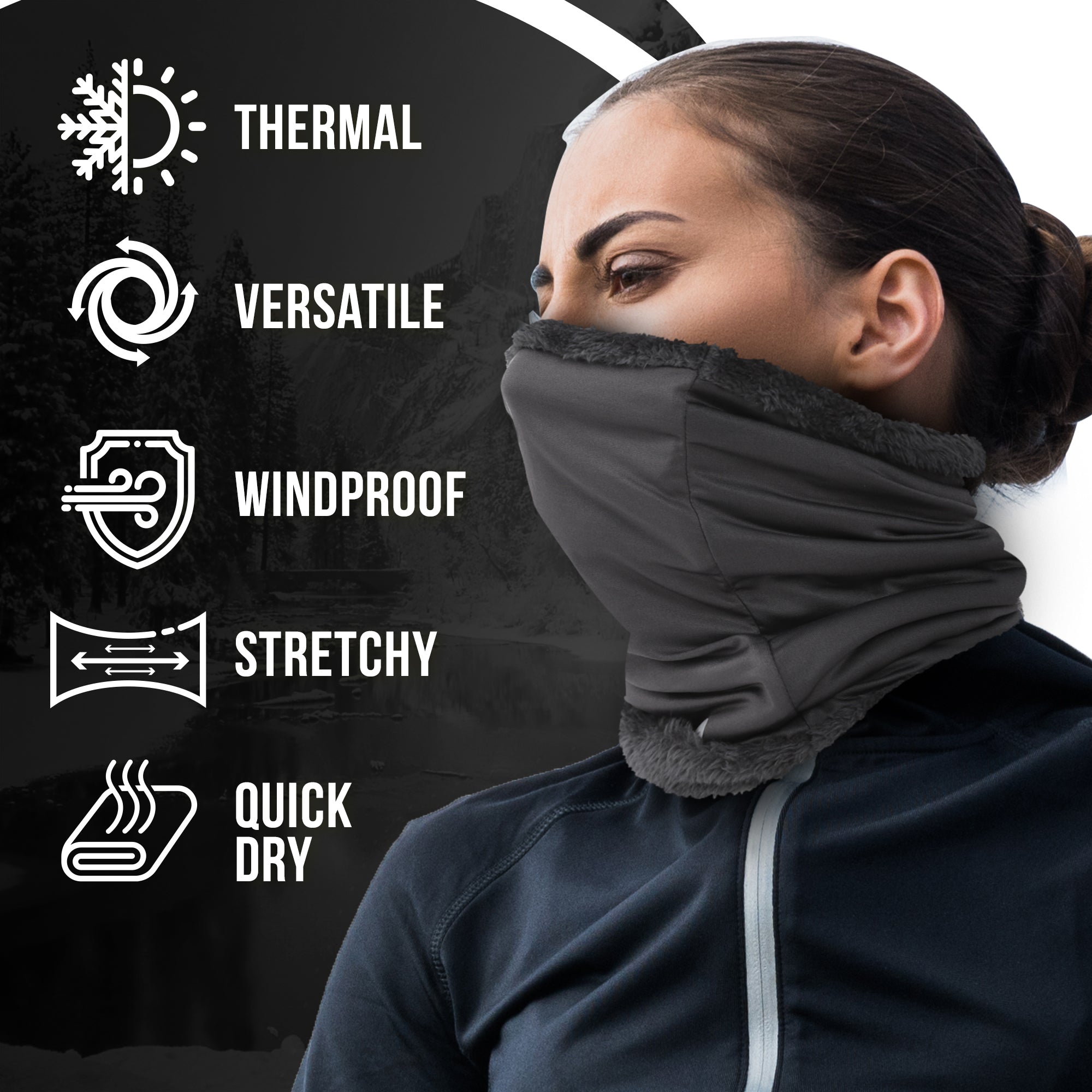 A woman wears the ARMORAY FLEECE WINTER NECK WARMER by ARMORAY Basics, covering her neck and lower face. Icons highlight this thermal, versatile, windproof, stretchy, quick-dry accessory—perfect for cold weather sports.