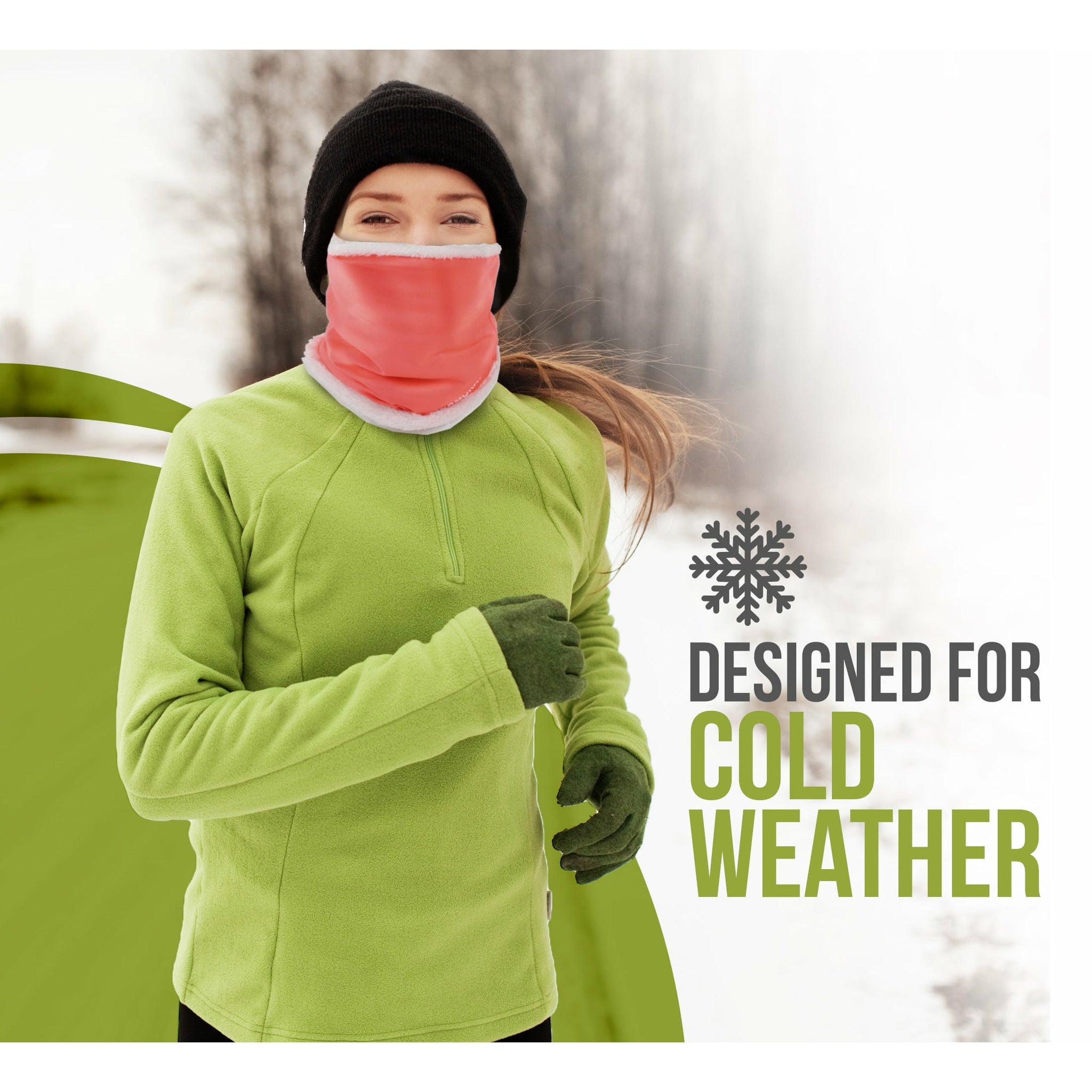 A person outdoors in snowy weather wears a green jacket, gloves, black hat, and the ARMORAY Basics ARMORAY FLEECE WINTER NECK WARMER, with text reading "Designed for Cold Weather.