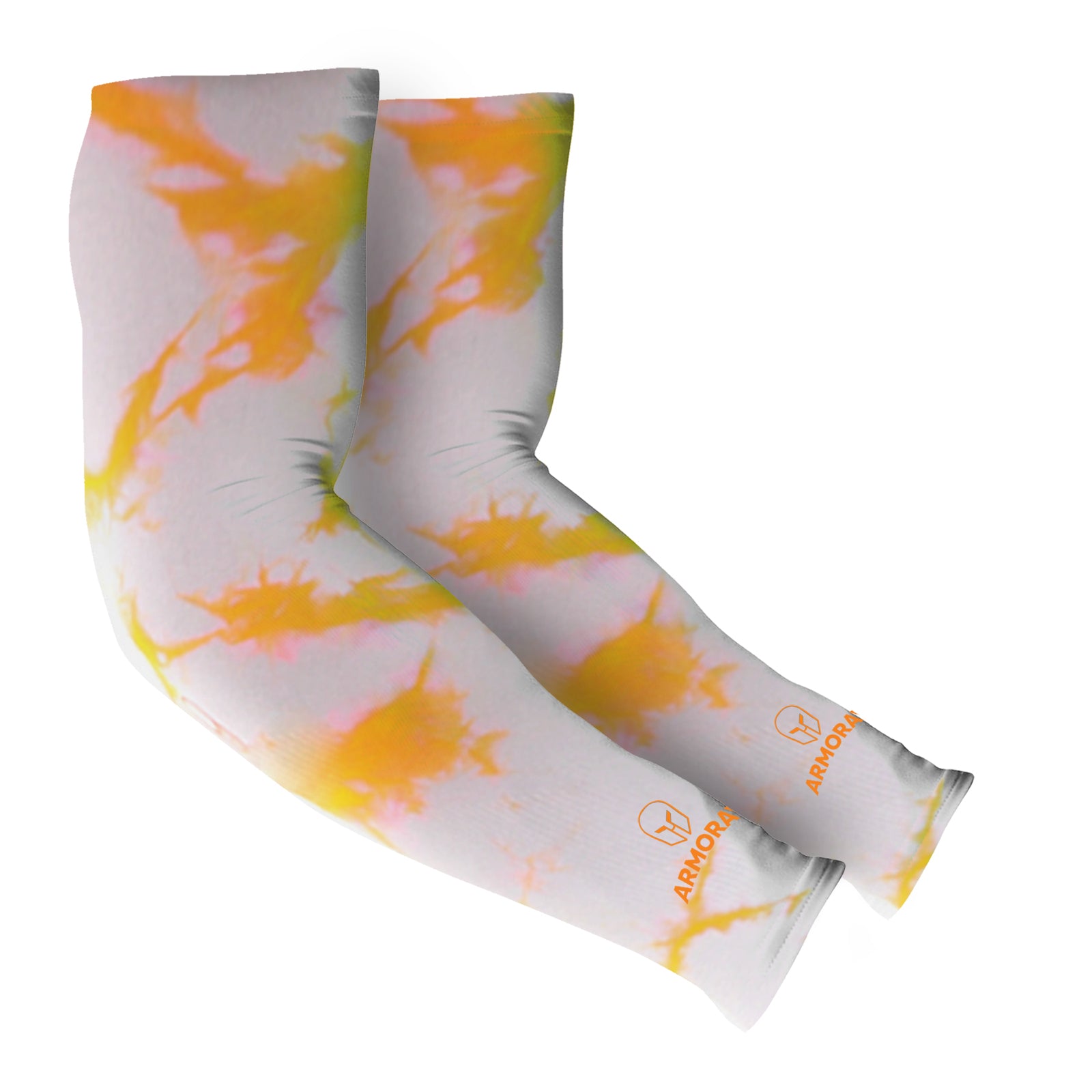 Armoray® Designer Arm Sleeves by ARMORAY Basics: White compression sleeves with orange and yellow tie-dye, subtle orange wrist logos, and built-in UPF 50+ sun protection. Choose from 35+ bold designs.