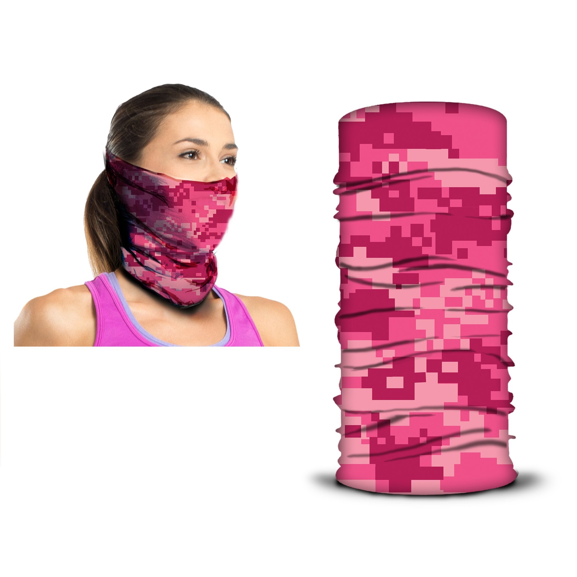 A woman wears an ARMORAY Armoray® Bandanas — Designed for the Outdoors neck gaiter in pink digital camo; this rugged, sweat-resistant bandana is also displayed alongside her in its cylindrical form.