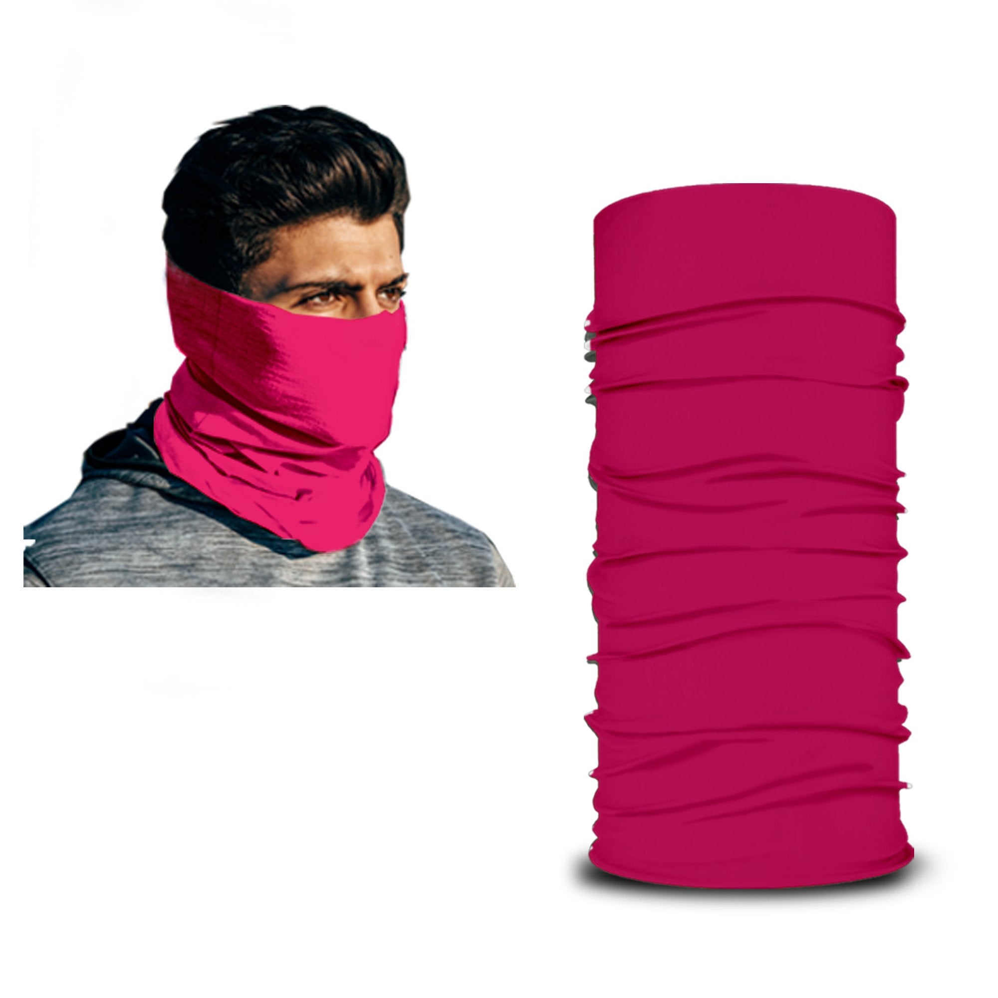 A man wears a bright pink Armoray® Bandana—designed for the outdoors by ARMORAY—covering his lower face, highlighting its sweat-resistant construction; beside him is a standalone image of the same rugged-quality pink bandana.