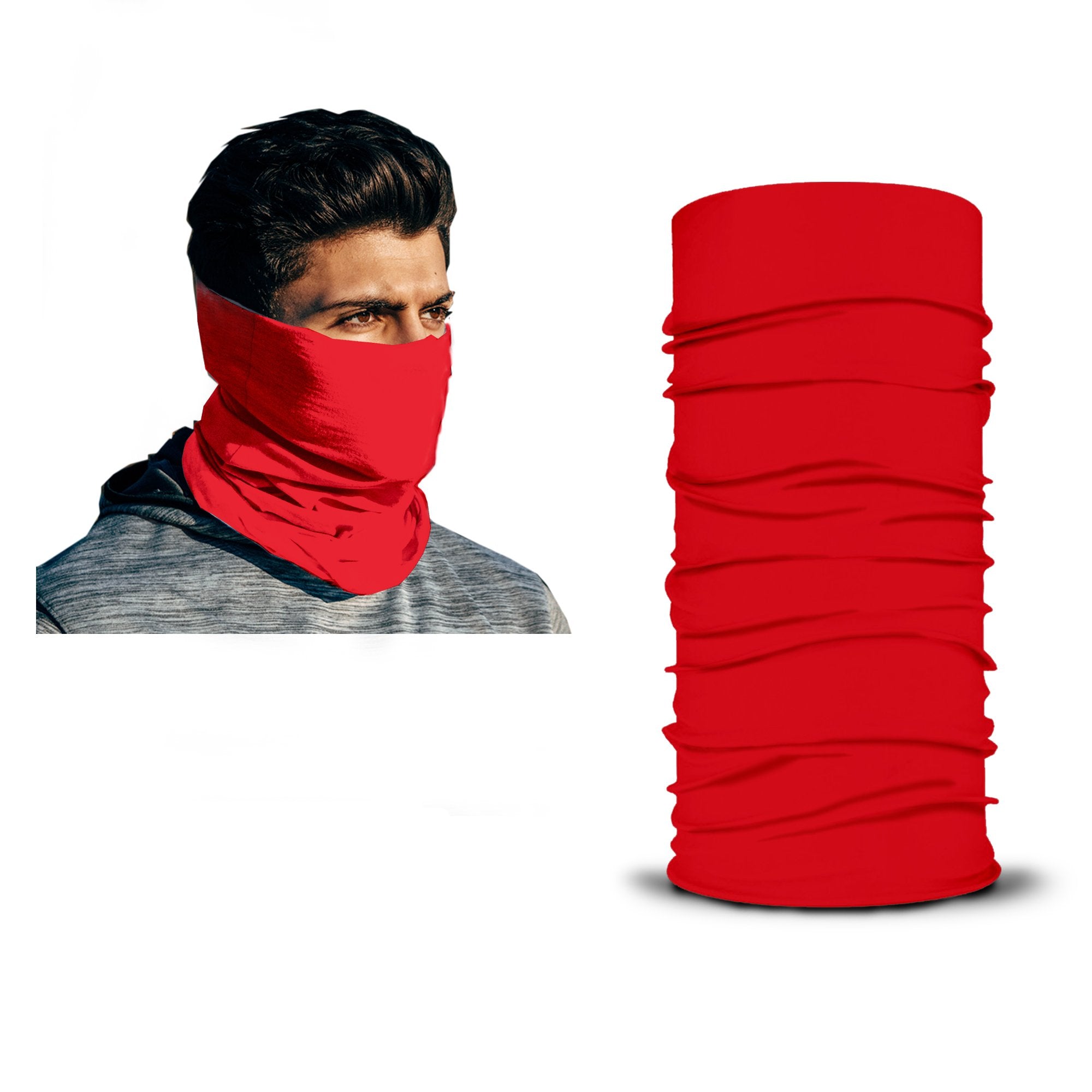 A man wears a red Armoray® Bandanas — Designed for the Outdoors neck gaiter from ARMORAY, covering his lower face and neck, while beside him the same red gaiter is rolled up to showcase its practical design as a rugged, sweat-resistant outdoor bandana.