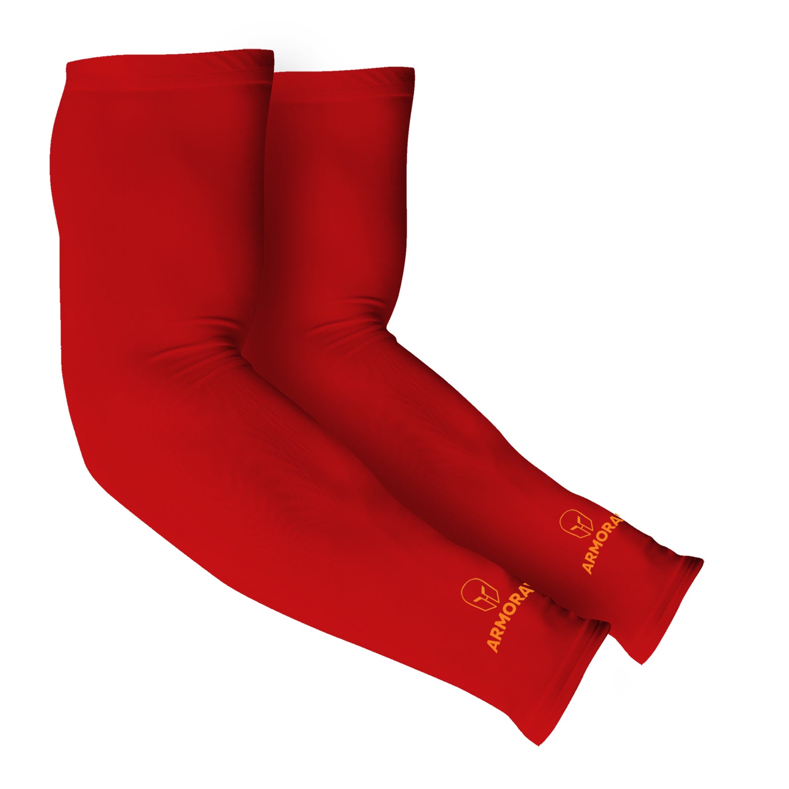 A pair of red Armoray® Arm Sleeves from ARMORAY Basics, featuring yellow logos on the wrists, designed for cooling comfort and sun protection.