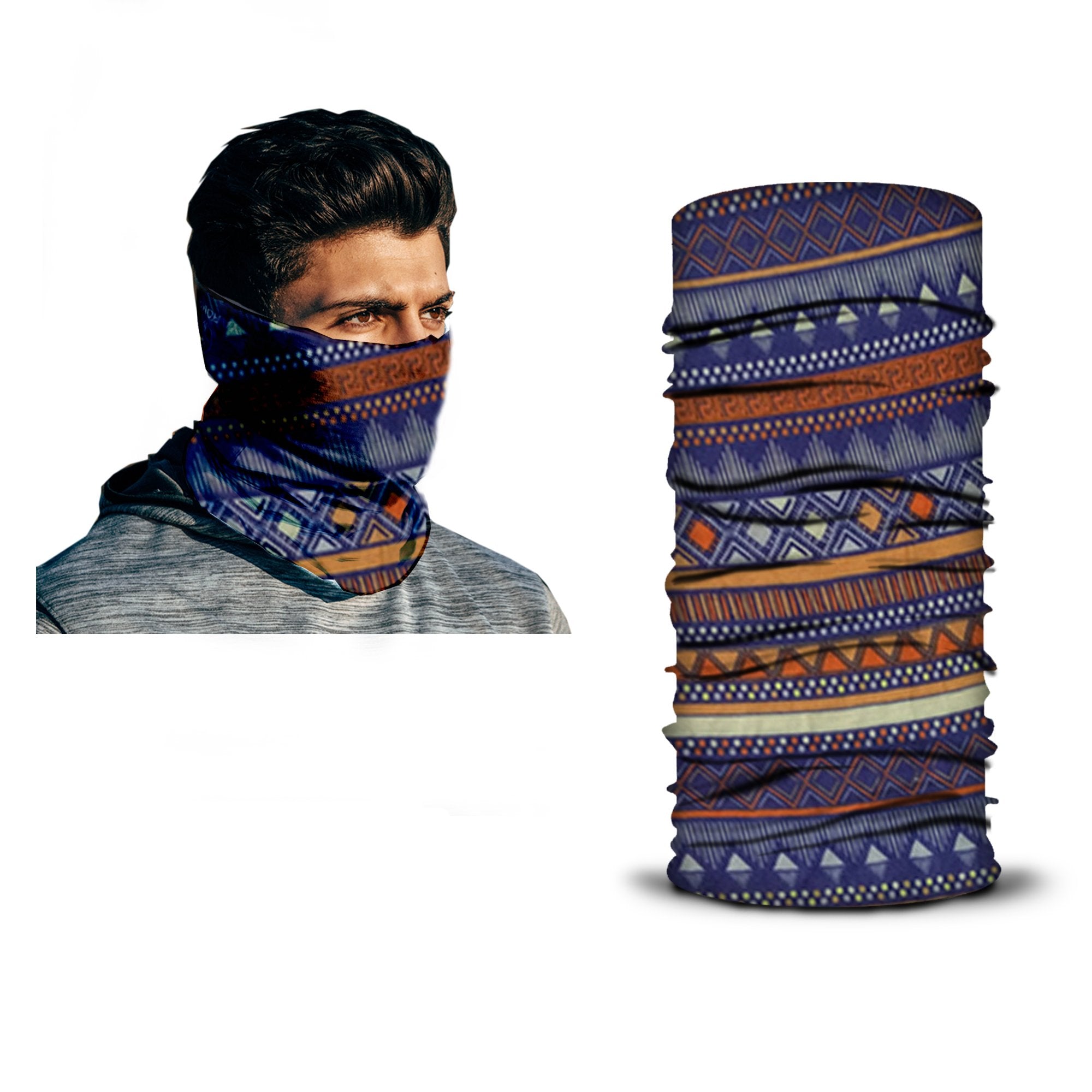 A man wears a multicolored patterned Armoray® Bandana—Designed for the Outdoors by ARMORAY; beside him, a close-up displays the same rugged bandana upright, showcasing its full design.
