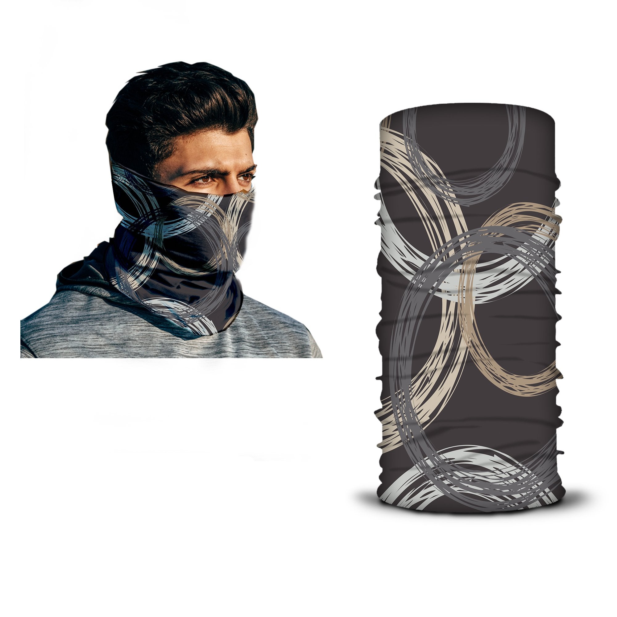 A man wears a dark-patterned neck gaiter; shown separately on the right, its abstract beige and gray swirl design highlights this sweat-resistant Armoray® Bandana — Designed for the Outdoors by ARMORAY, offering all-day comfort and rugged durability.