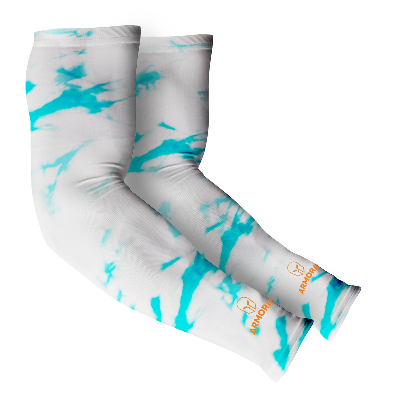 Armoray® Designer Arm Sleeves by ARMORAY Basics feature a white and light blue tie-dye design, orange "ARMORAY" logos at the wrist, and offer UPF 50+ sun protection for all-day comfort.