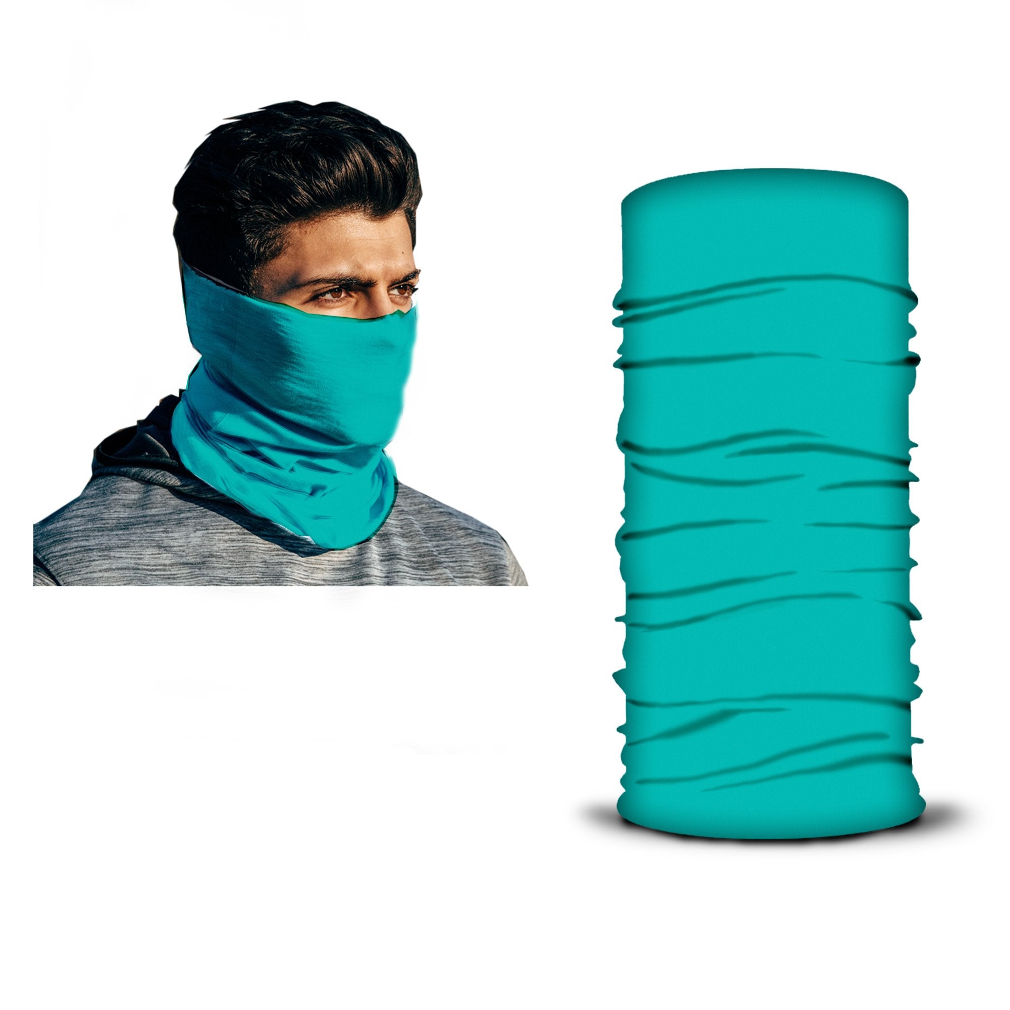 A person wears a bright teal neck gaiter over their nose and mouth; next to them is an unused ARMORAY Armoray® Bandanas — Designed for the Outdoors, standing upright on a white background.