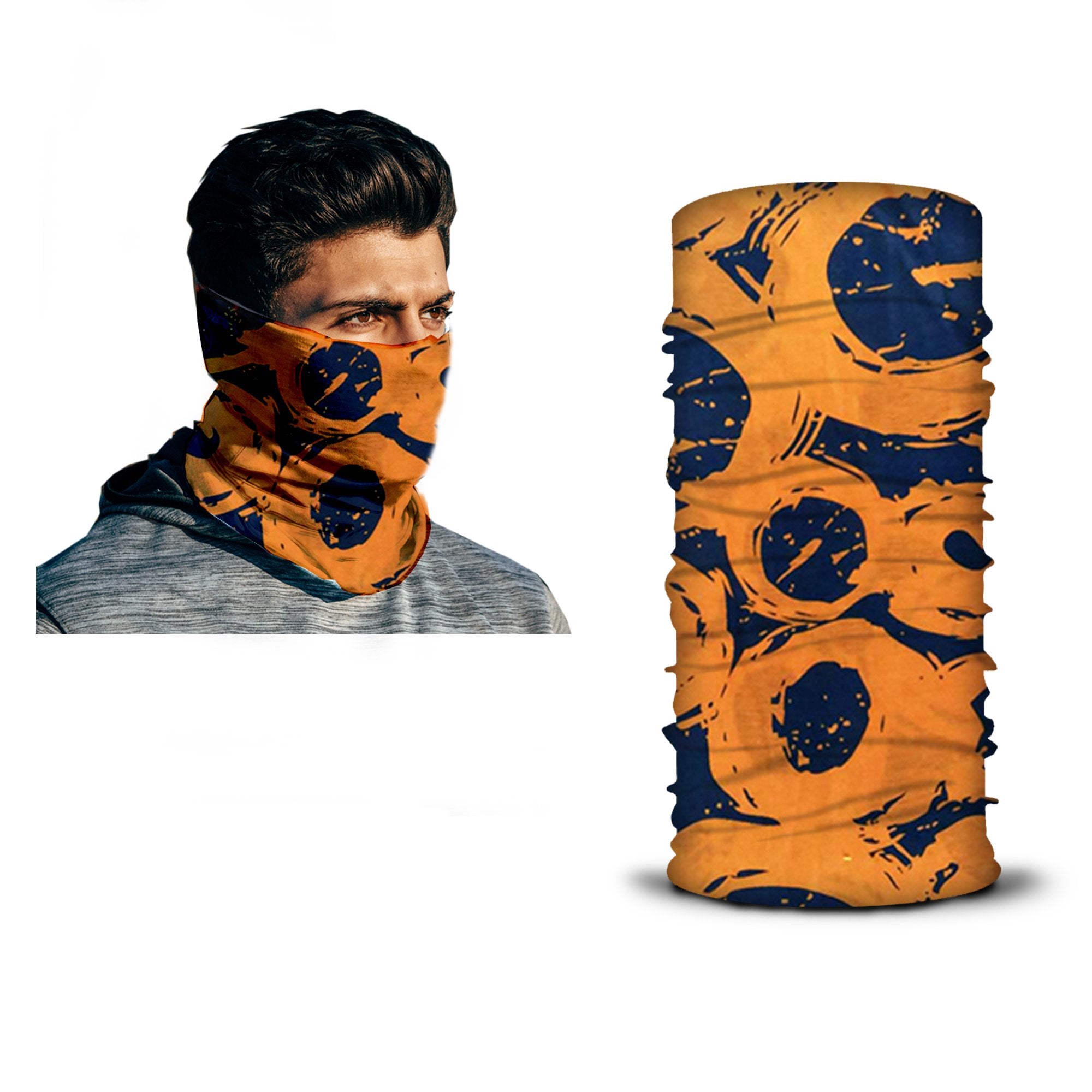 A man wears an orange and blue patterned neck gaiter from ARMORAY, featuring the Armoray® Bandanas — Designed for the Outdoors, while the same rugged bandana is displayed upright and unworn beside him.