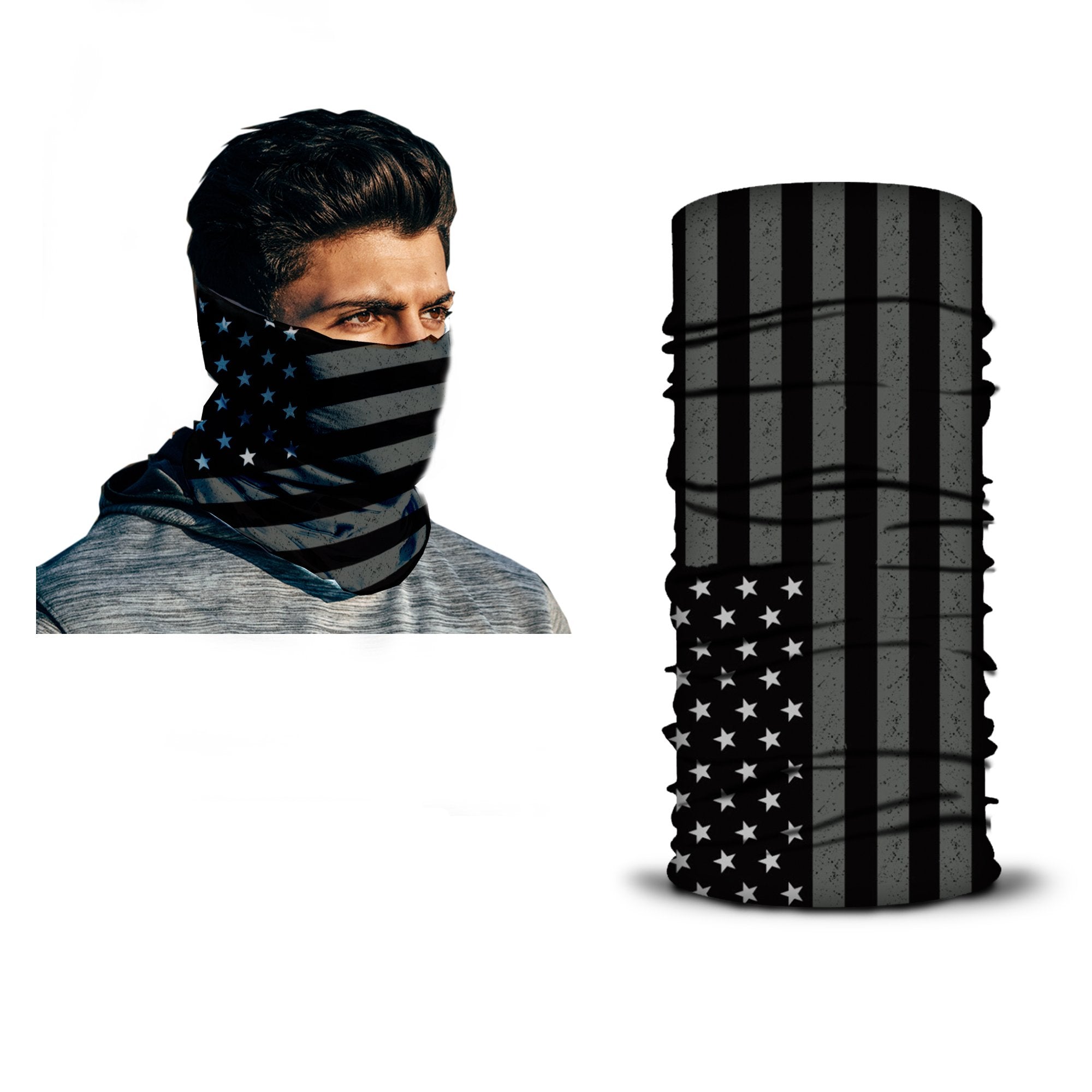 A man sports the Armoray® Bandanas — Designed for the Outdoors by ARMORAY, featuring a striking black and gray American flag design; an additional image displays this sweat-resistant bandana laid flat to highlight its bold pattern.