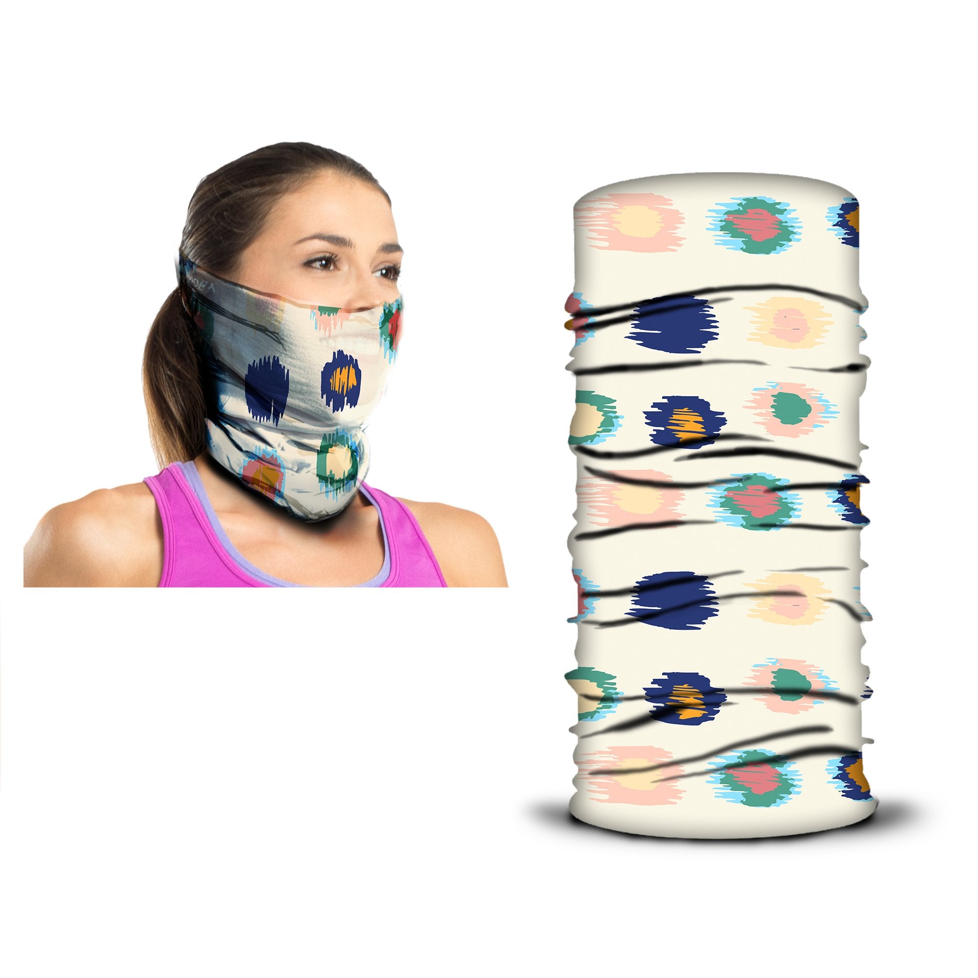 A woman wears an Armoray® Bandana by ARMORAY, designed for the outdoors, next to an upright view of the same gaiter. The bandana showcases abstract, multicolored circles and brush strokes on a cream background, combining stylish flair with rugged durability and sweat resistance.