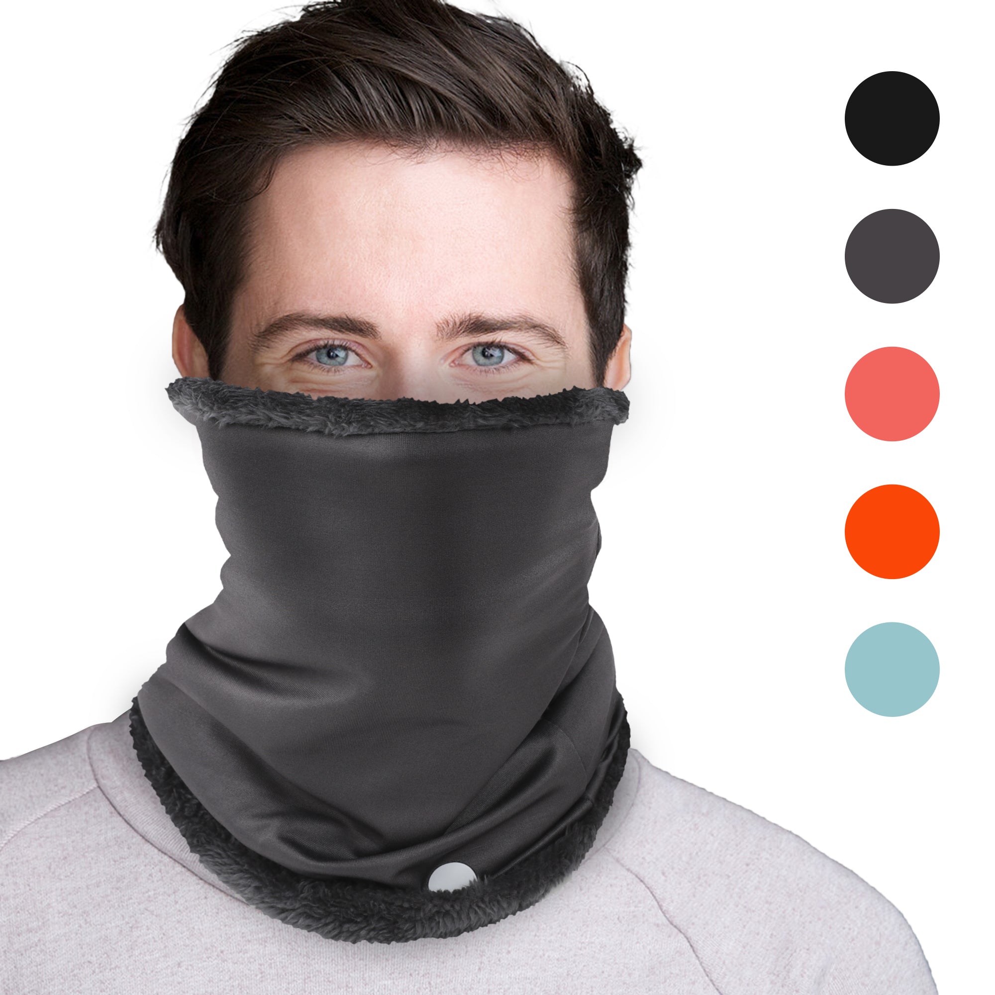 A person wears the ARMORAY FLEECE WINTER NECK WARMER by ARMORAY Basics in dark grey. This soft-lined, thermal fleece neck gaiter comes in black, dark grey, coral, orange, and light blue—perfect for cold weather sports.