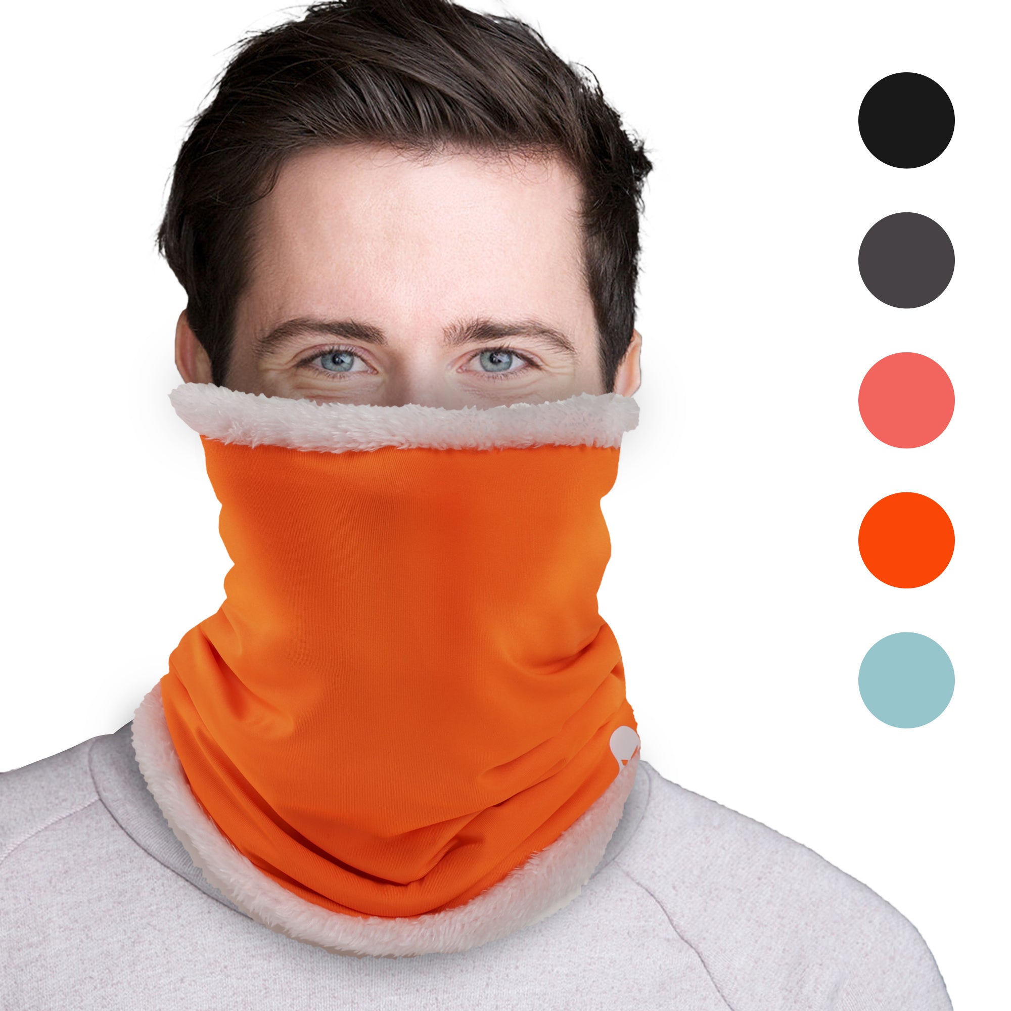 A person wears the ARMORAY Basics ARMORAY FLEECE WINTER NECK WARMER, ideal for cold weather sports or as a stylish accessory. Color swatches—black, gray, pink, orange, and light blue—are shown on the right.