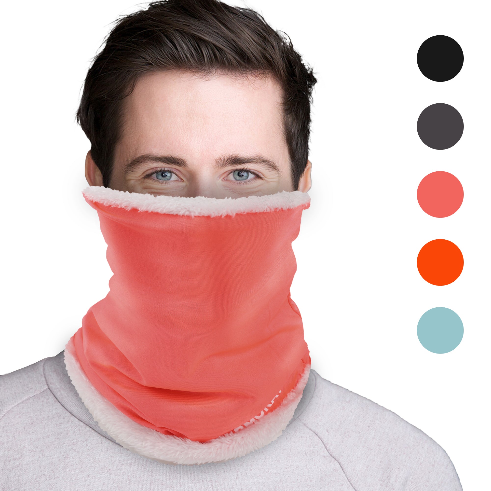 A person wears the ARMORAY FLEECE WINTER NECK WARMER by ARMORAY Basics in pink; to the right, swatches show black, gray, peach, orange, and light blue—a cozy accessory for cold-weather sports.