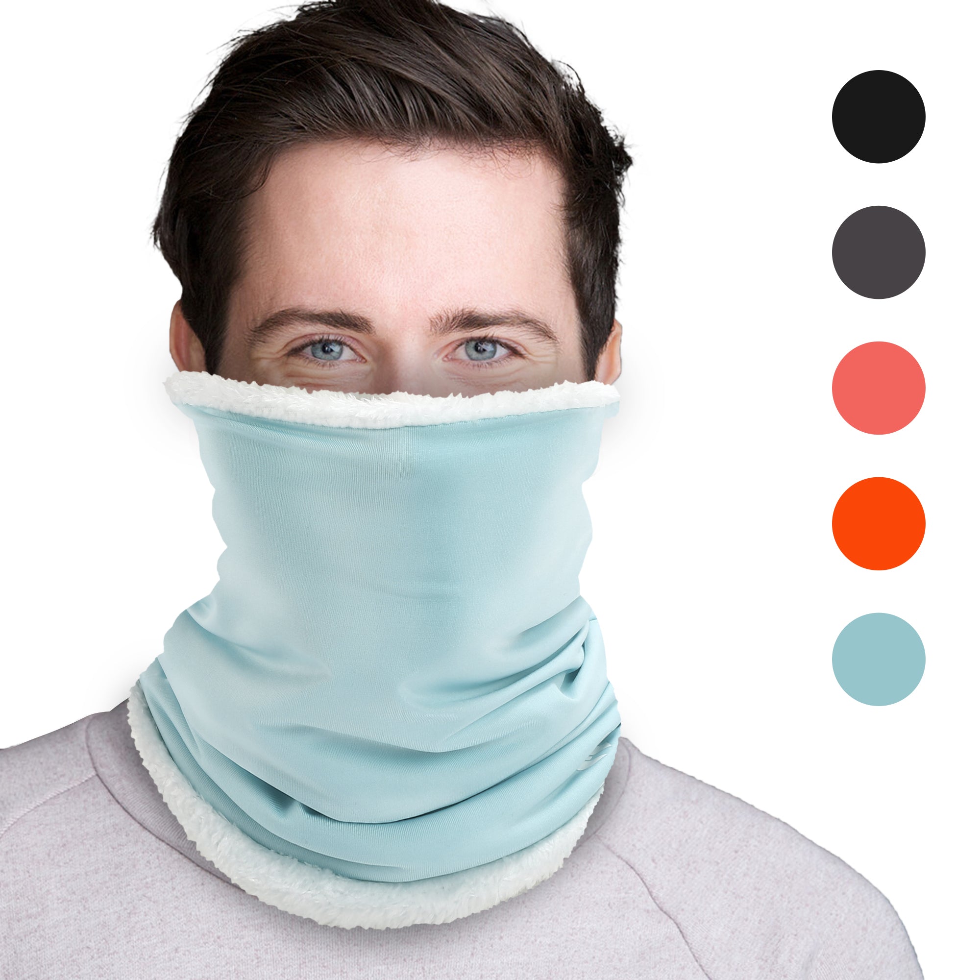 A man wears an ARMORAY Basics ARMORAY FLEECE WINTER NECK WARMER in light blue, ideal for cold weather sports. Swatches for black, dark gray, coral, orange, and light blue are shown to the right.