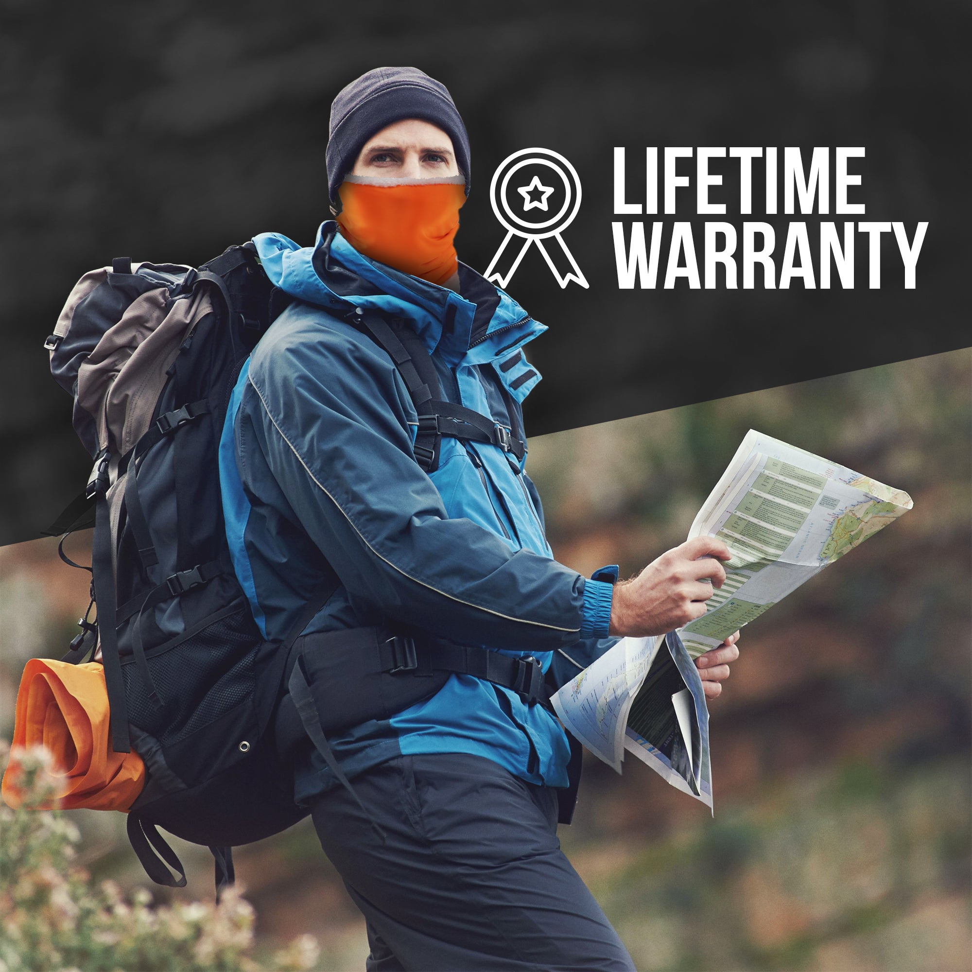 A hiker in outdoor gear wears the ARMORAY FLEECE WINTER NECK WARMER from ARMORAY Basics as a winter accessory, holding a map and backpack. A "Lifetime Warranty" badge is shown in the image's top right corner.
