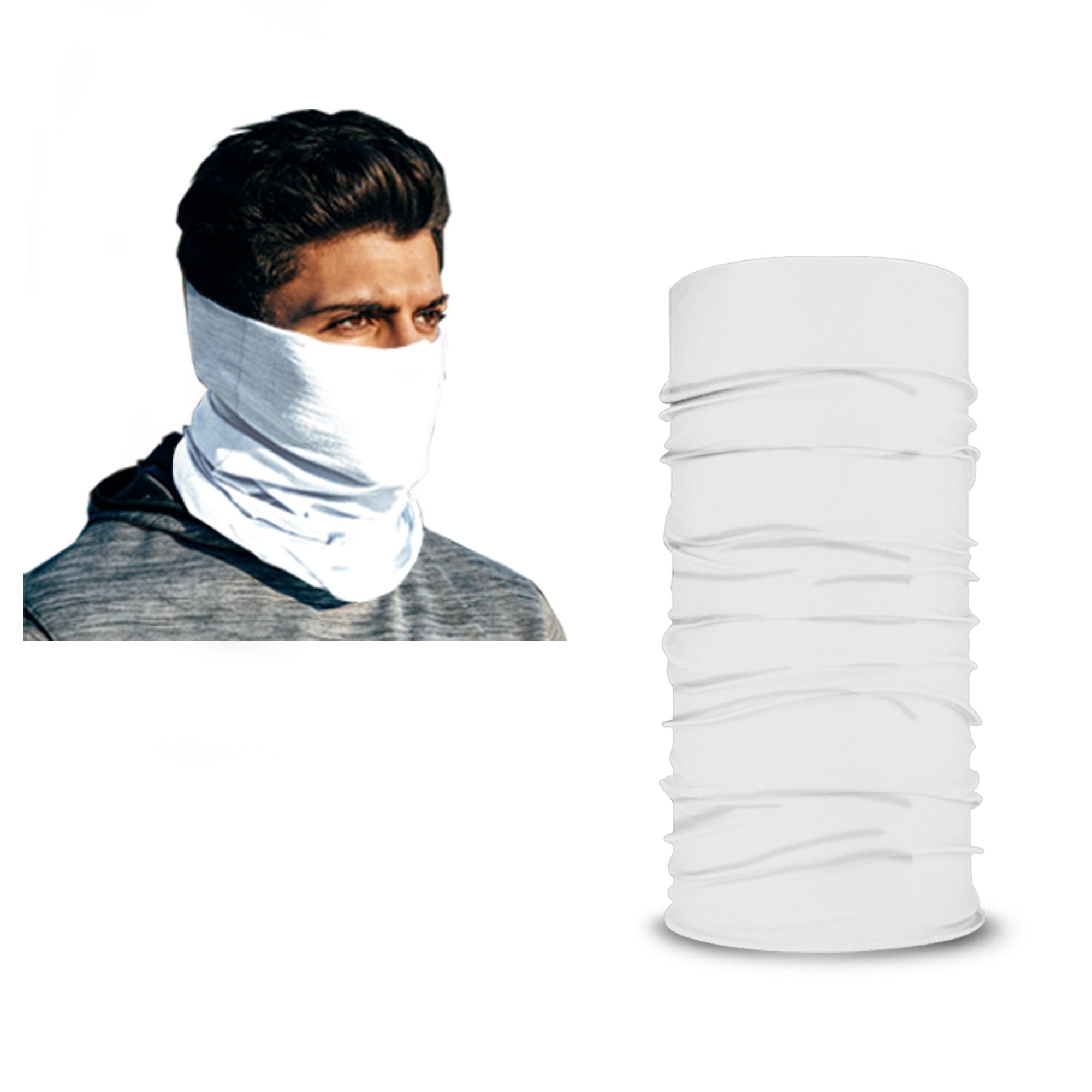 A man wears a white ARMORAY Armoray® Bandanas — Designed for the Outdoors neck gaiter, covering his neck and lower face; beside him, a plain, rugged Armoray® Bandana stands upright—ideal for anyone seeking a stylish, sweat-resistant option from ARMORAY.