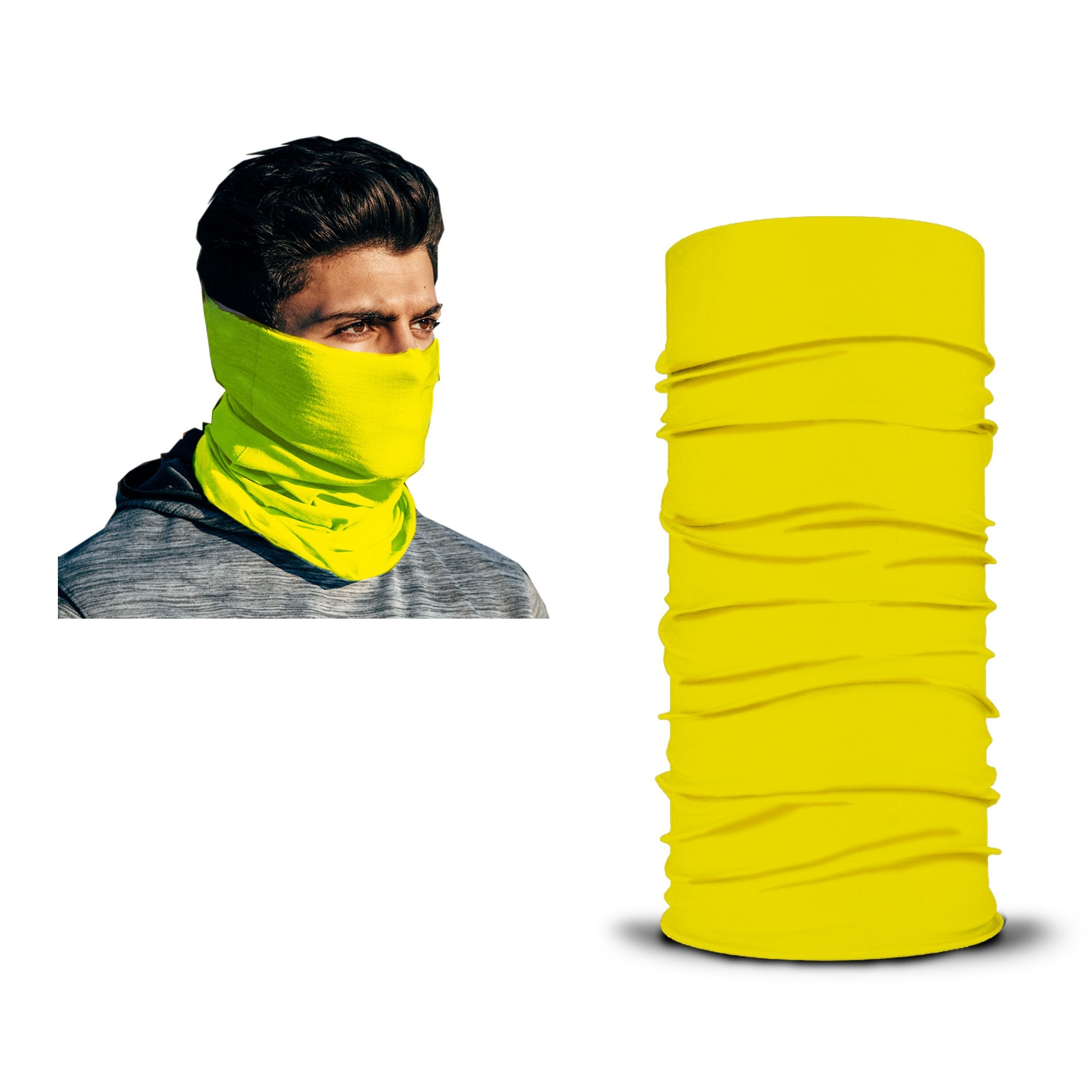 A person wears a vibrant yellow neck gaiter, covering the lower half of their face; beside them, the same yellow gaiter is shown on its own. The Armoray® Bandanas — Designed for the Outdoors by ARMORAY offer sweat resistance, comfort, and durability—perfect for anyone needing rugged bandanas that can handle any outdoor adventure.