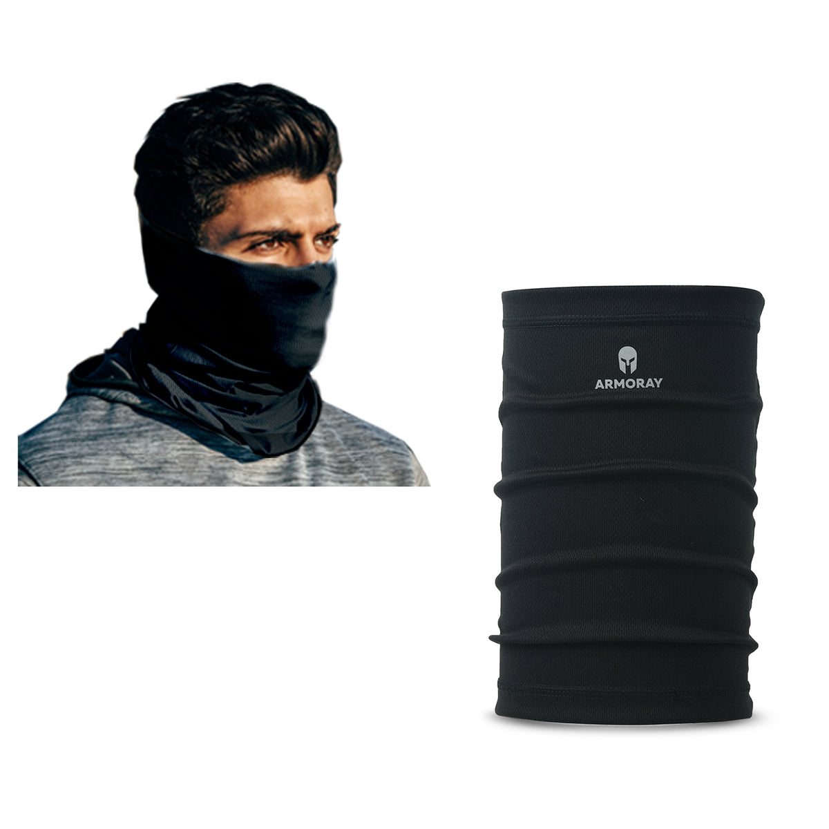 A man wears a black ARMORAY FREE Gift Neck Gaiter over his lower face. Beside him, another ARMORAY FREE Gift Neck Gaiter is displayed upright.
